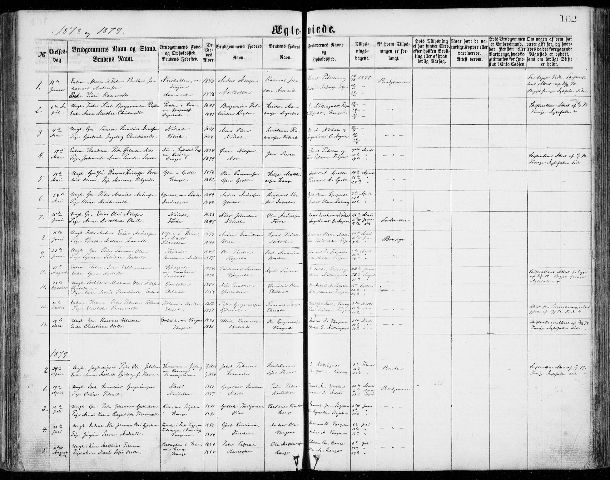 Bremanger sokneprestembete, SAB/A-82201/H/Haa/Haaa/L0001: Parish register (official) no. A  1, 1864-1883, p. 162