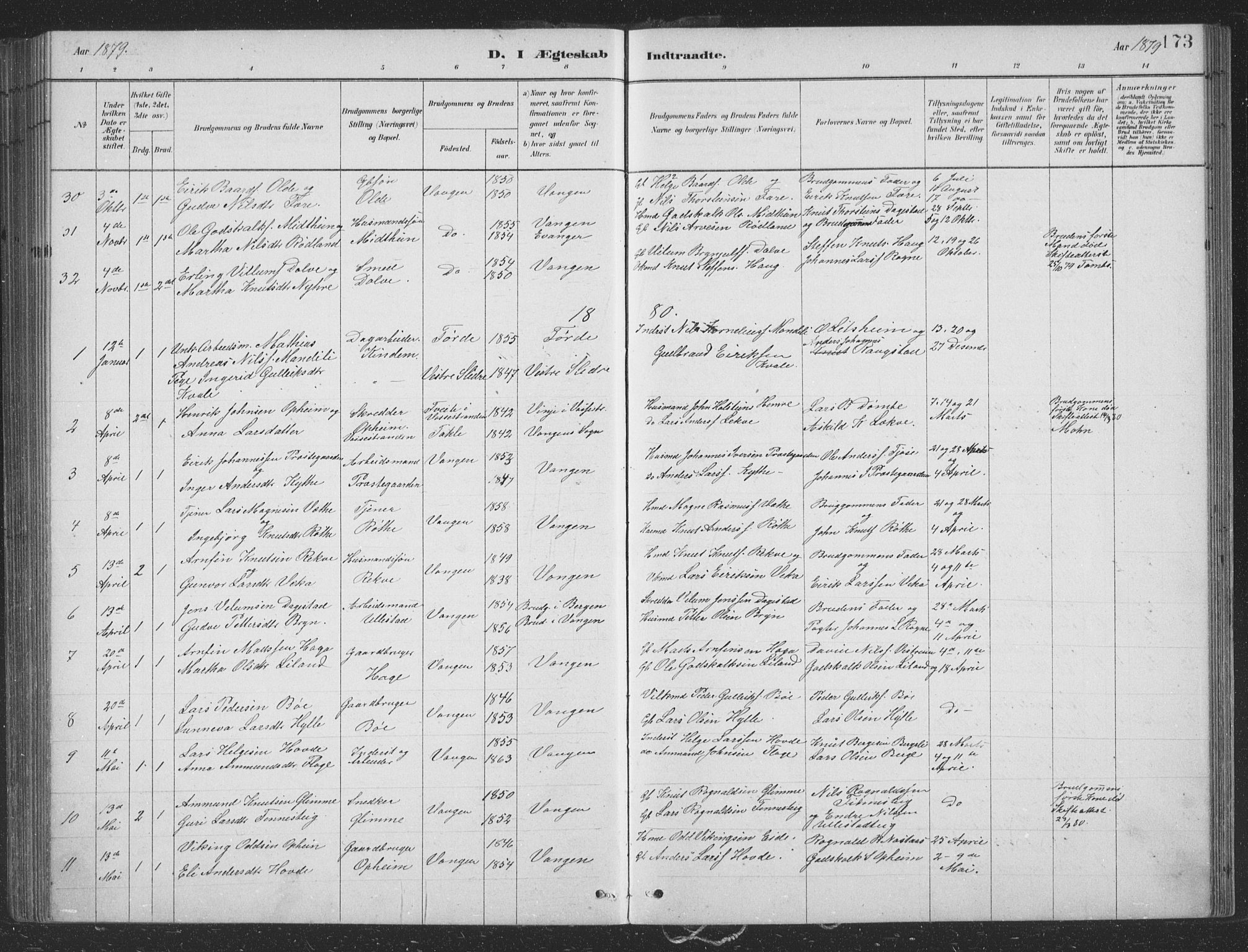 Voss sokneprestembete, SAB/A-79001/H/Hab: Parish register (copy) no. B 3, 1879-1894, p. 173
