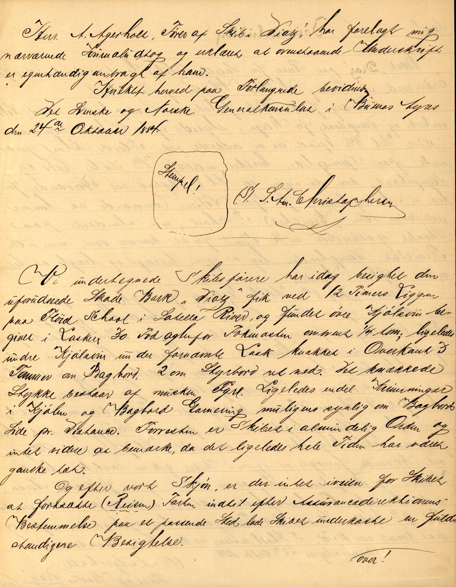 Pa 63 - Østlandske skibsassuranceforening, VEMU/A-1079/G/Ga/L0017/0013: Havaridokumenter / Diaz, Holmestrand, Kalliope, Olaf Trygvason, Norafjeld, 1884, p. 3