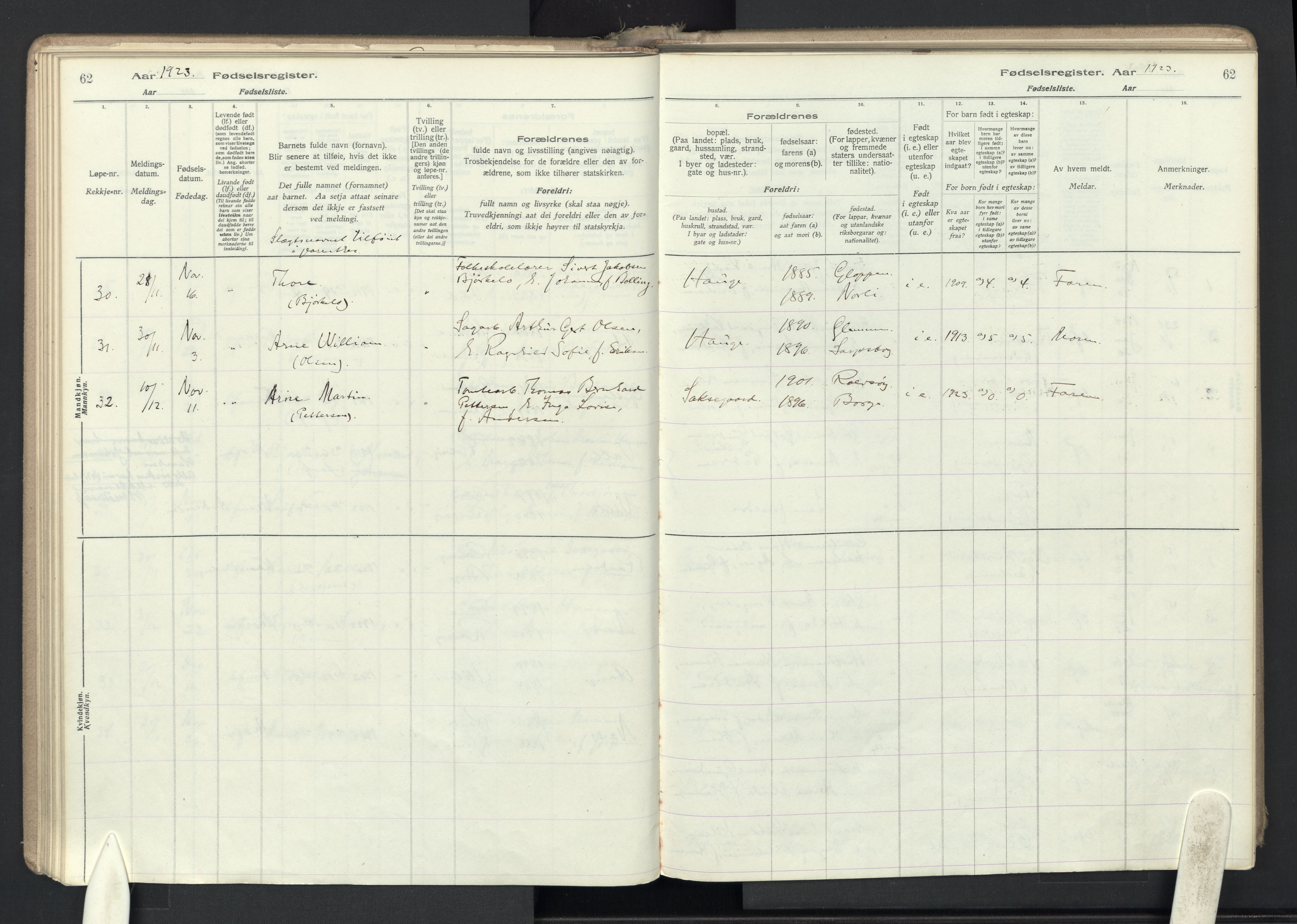 Rolvsøy prestekontor Kirkebøker, AV/SAO-A-2004/J/Ja/L0001: Birth register no. 1, 1916-1946, p. 62