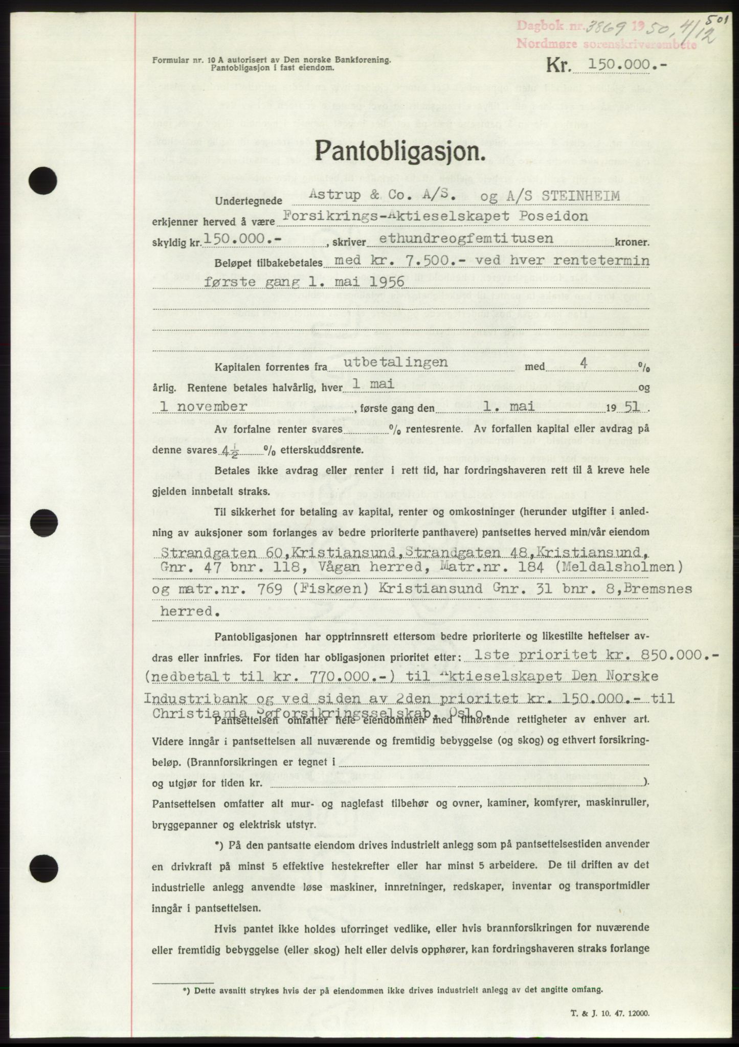 Nordmøre sorenskriveri, AV/SAT-A-4132/1/2/2Ca: Mortgage book no. B106, 1950-1950, Diary no: : 3869/1950