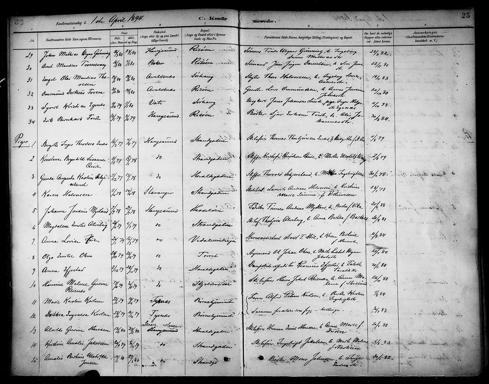 Haugesund sokneprestkontor, AV/SAST-A -101863/H/Ha/Haa/L0005: Parish register (official) no. A 5, 1891-1903, p. 25