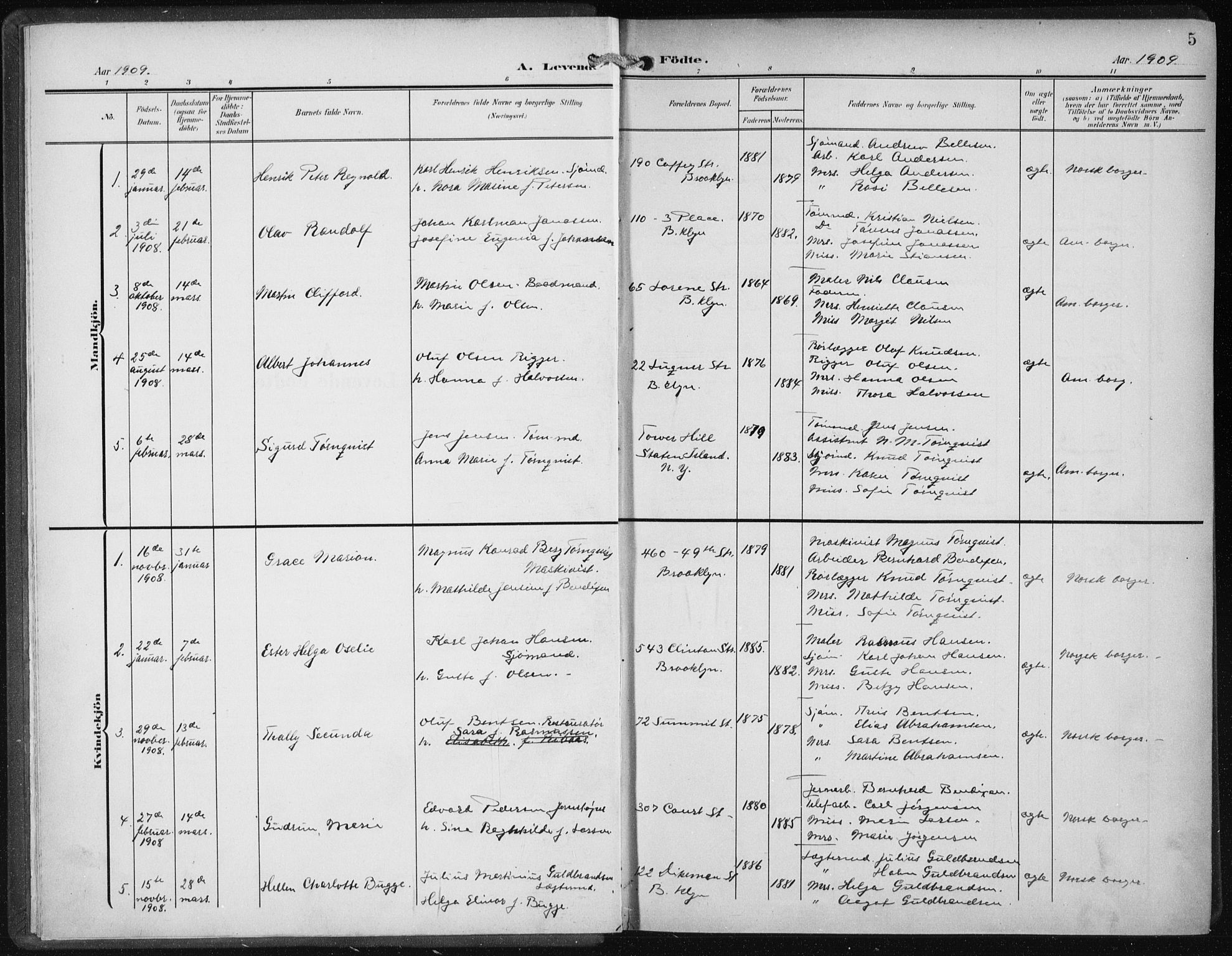 Den norske sjømannsmisjon i utlandet/New York, AV/SAB-SAB/PA-0110/H/Ha/L0006: Parish register (official) no. A 6, 1909-1914, p. 5