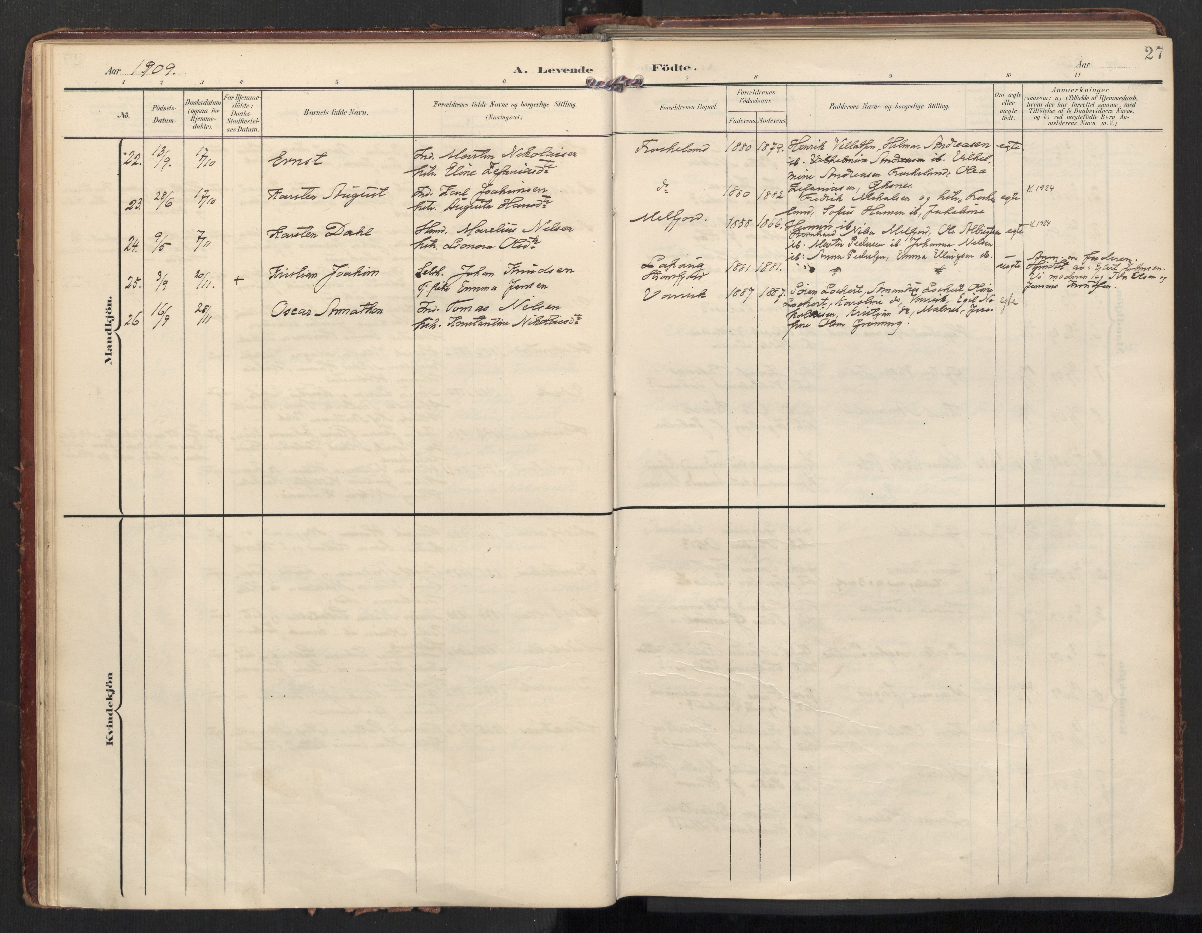 Ministerialprotokoller, klokkerbøker og fødselsregistre - Nordland, AV/SAT-A-1459/890/L1287: Parish register (official) no. 890A02, 1903-1915, p. 27