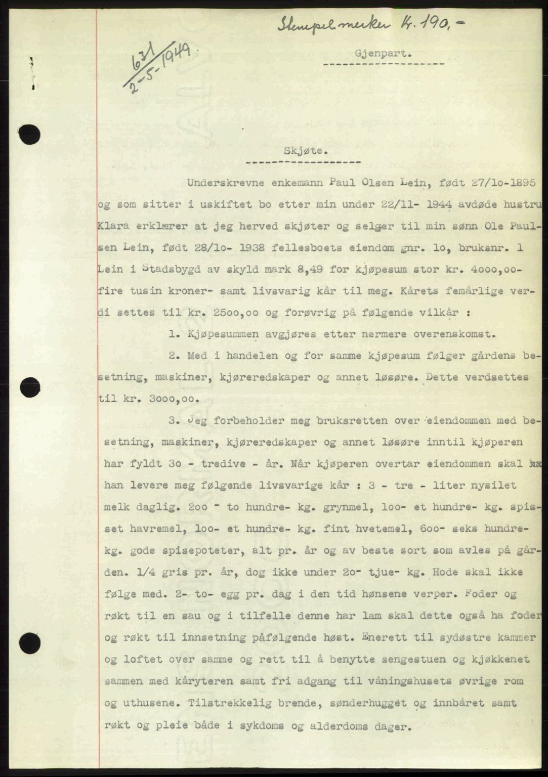 Fosen sorenskriveri, AV/SAT-A-1107/1/2/2C: Mortgage book no. A7-9, 1947-1949, Diary no: : 631/1949