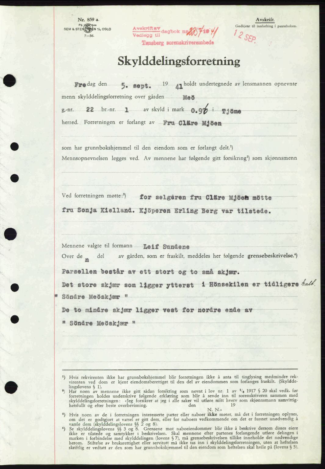 Tønsberg sorenskriveri, AV/SAKO-A-130/G/Ga/Gaa/L0010: Mortgage book no. A10, 1941-1941, Diary no: : 2354/1941