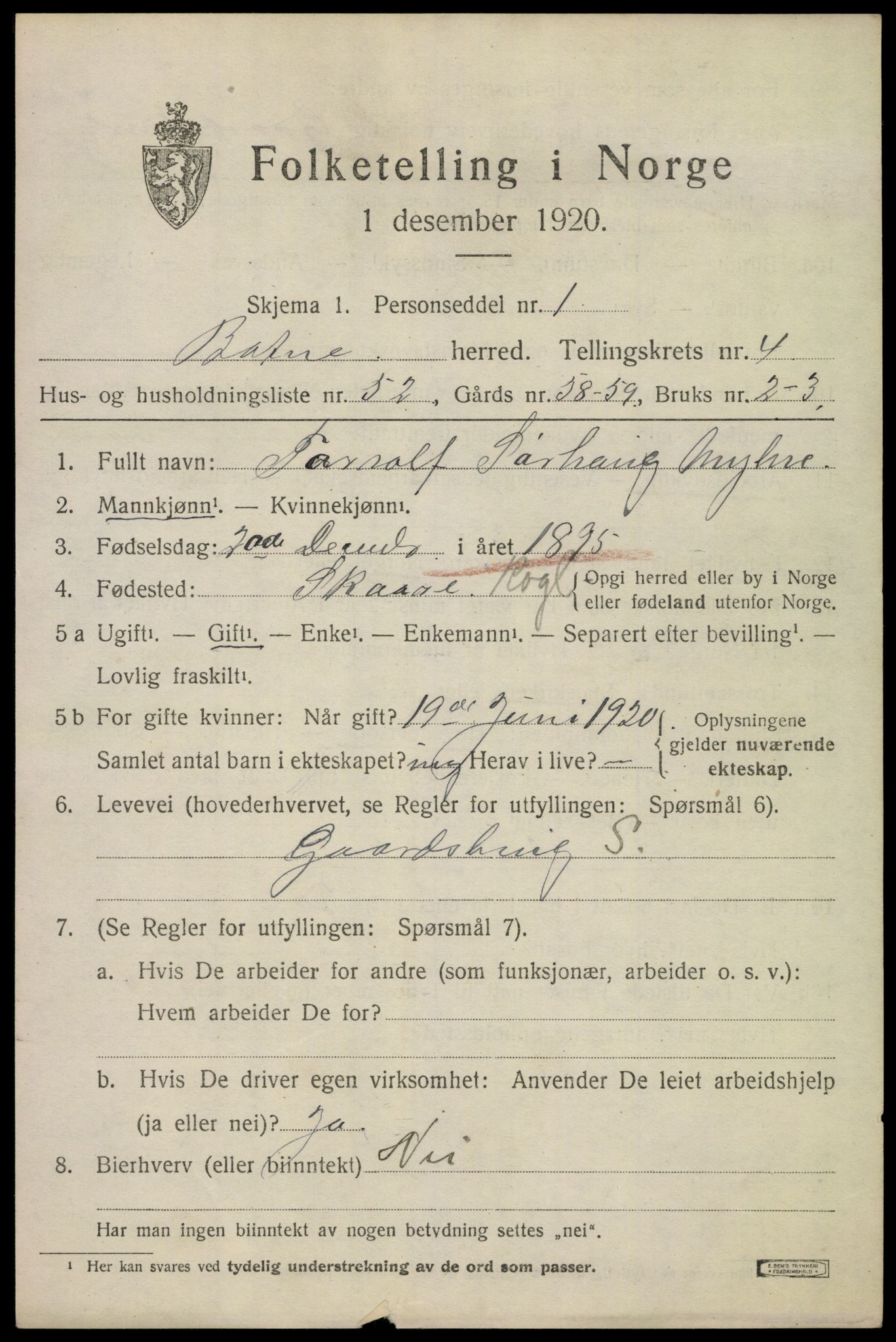 SAKO, 1920 census for Botne, 1920, p. 4199