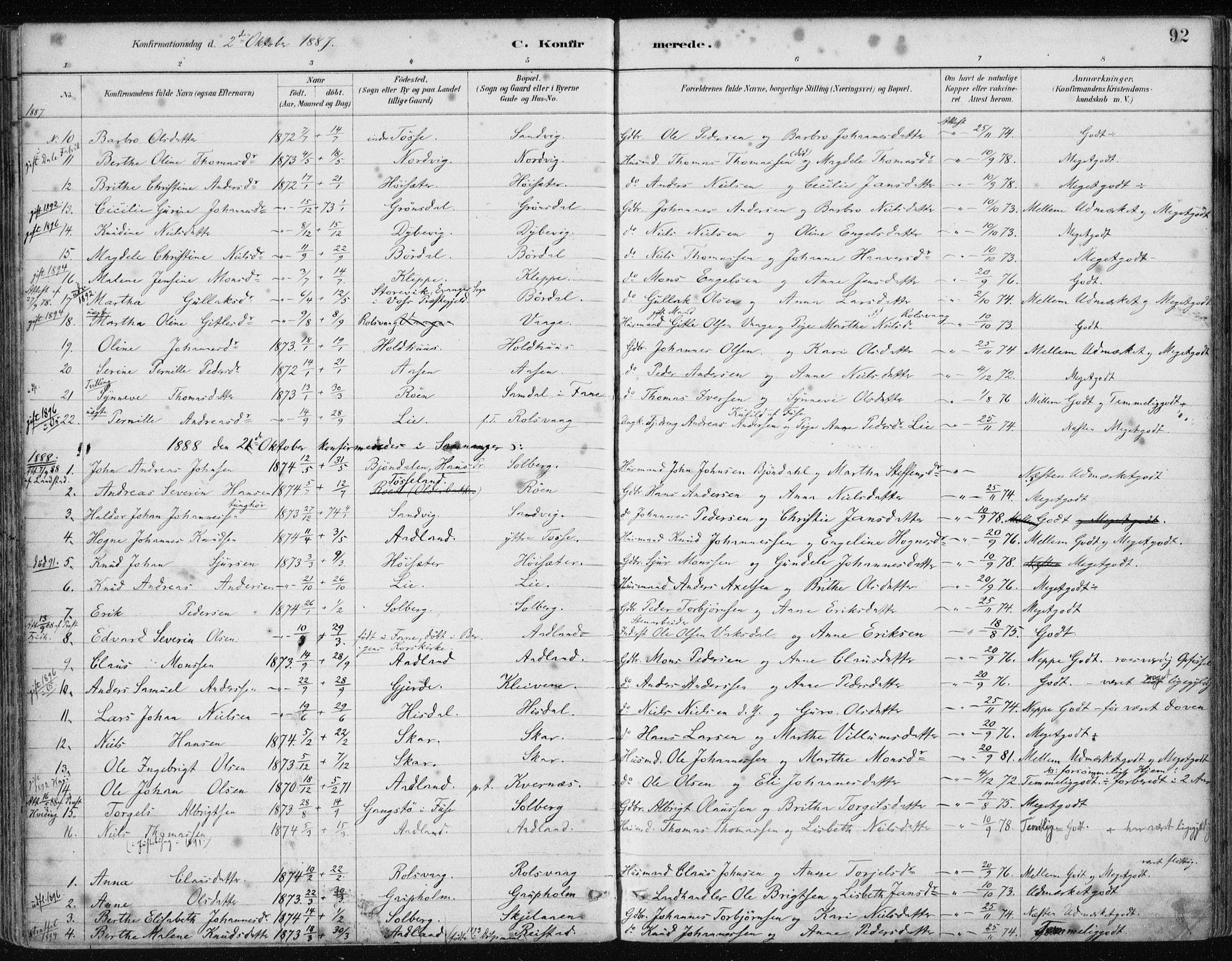 Samnanger Sokneprestembete, AV/SAB-A-77501/H/Haa: Parish register (official) no. A 1, 1885-1901, p. 92