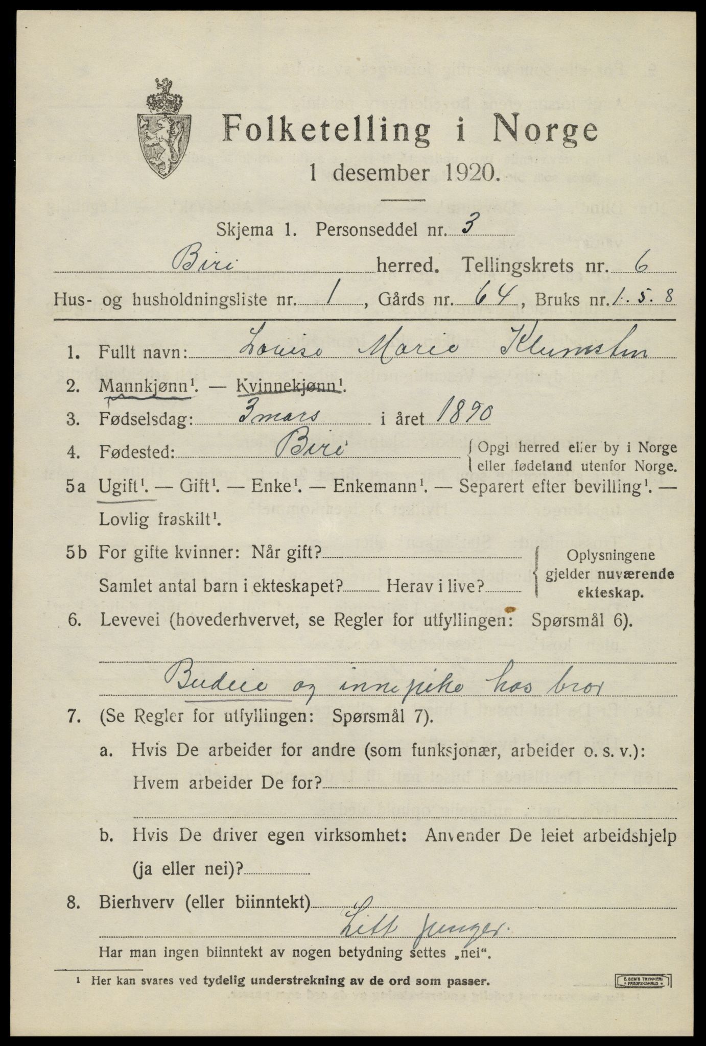 SAH, 1920 census for Biri, 1920, p. 5481