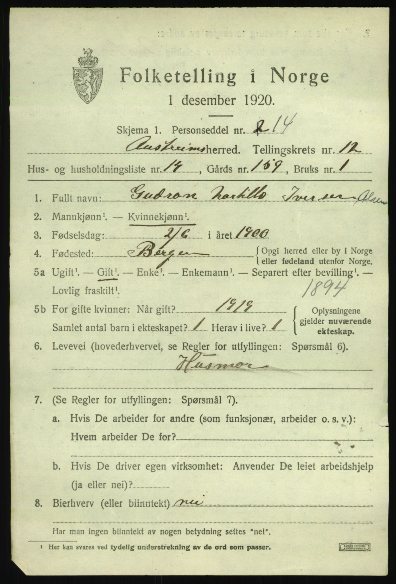 SAB, 1920 census for Austrheim, 1920, p. 4510