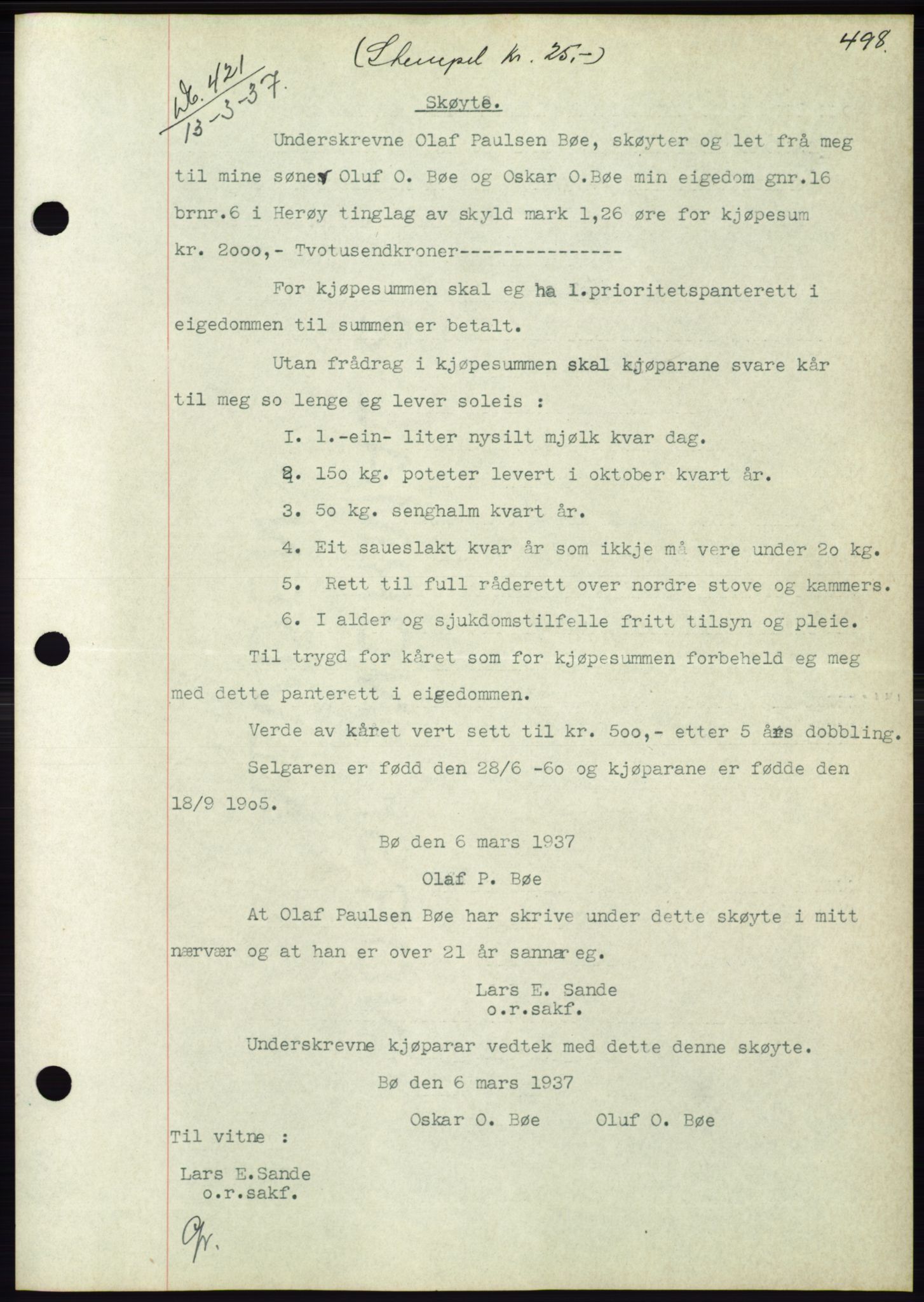 Søre Sunnmøre sorenskriveri, AV/SAT-A-4122/1/2/2C/L0062: Mortgage book no. 56, 1936-1937, Diary no: : 421/1937