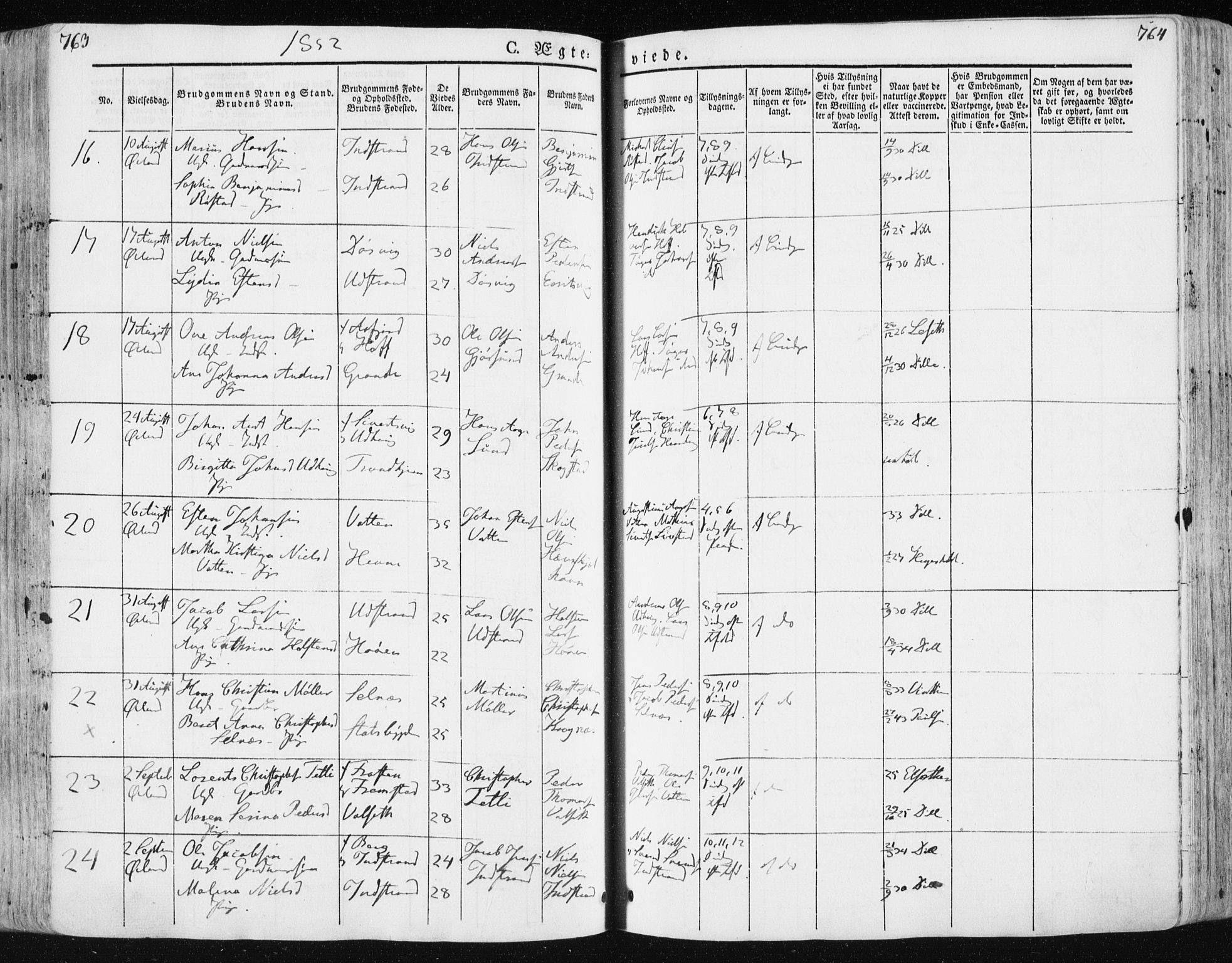 Ministerialprotokoller, klokkerbøker og fødselsregistre - Sør-Trøndelag, SAT/A-1456/659/L0736: Parish register (official) no. 659A06, 1842-1856, p. 763-764