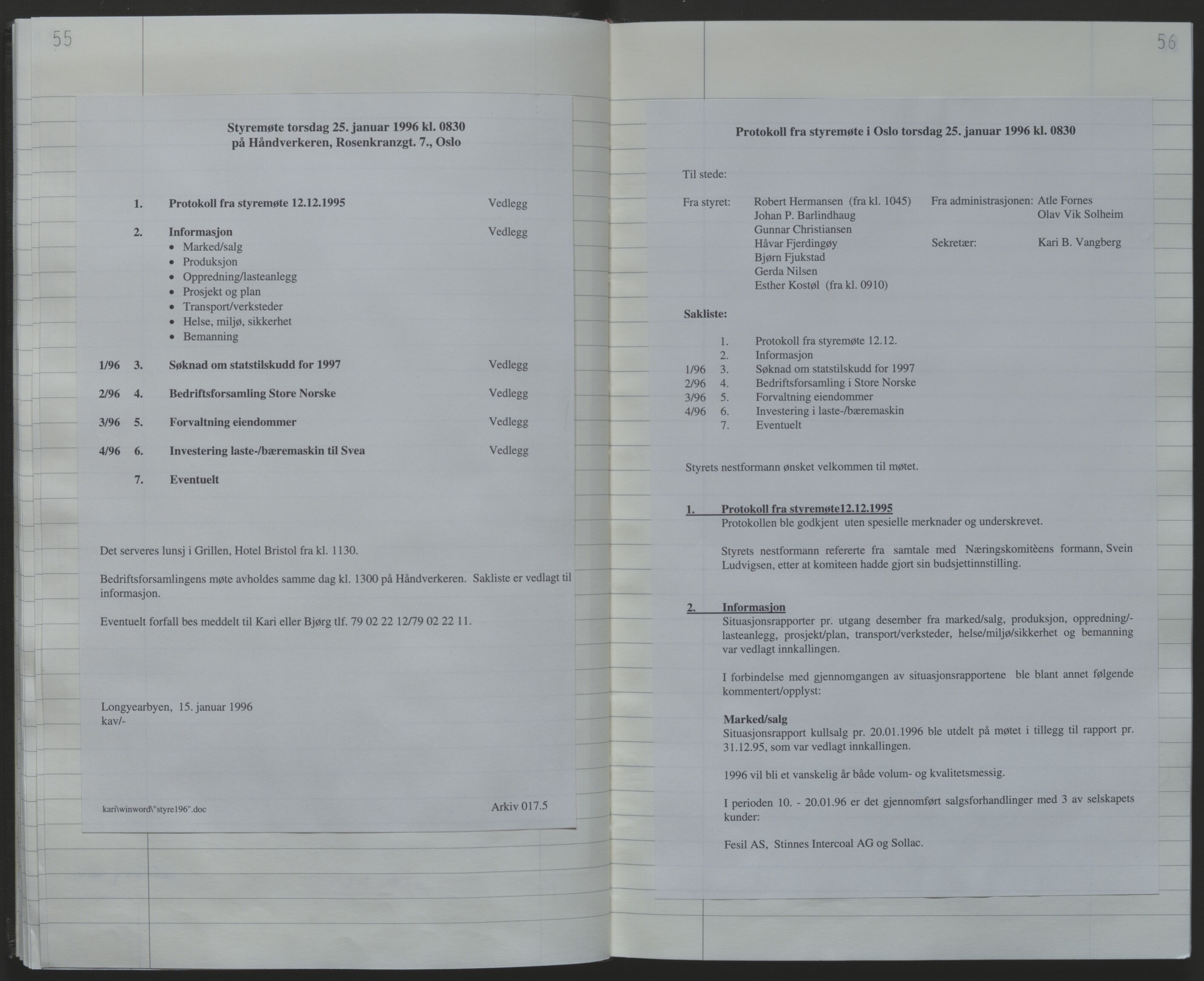 Store Norske Spitsbergen Kulkompani A/S, AV/SATØ-P-0073/09/A/Ab/Aba/L0004: Styreprotokoll 9, 1994-2000, p. 55-56