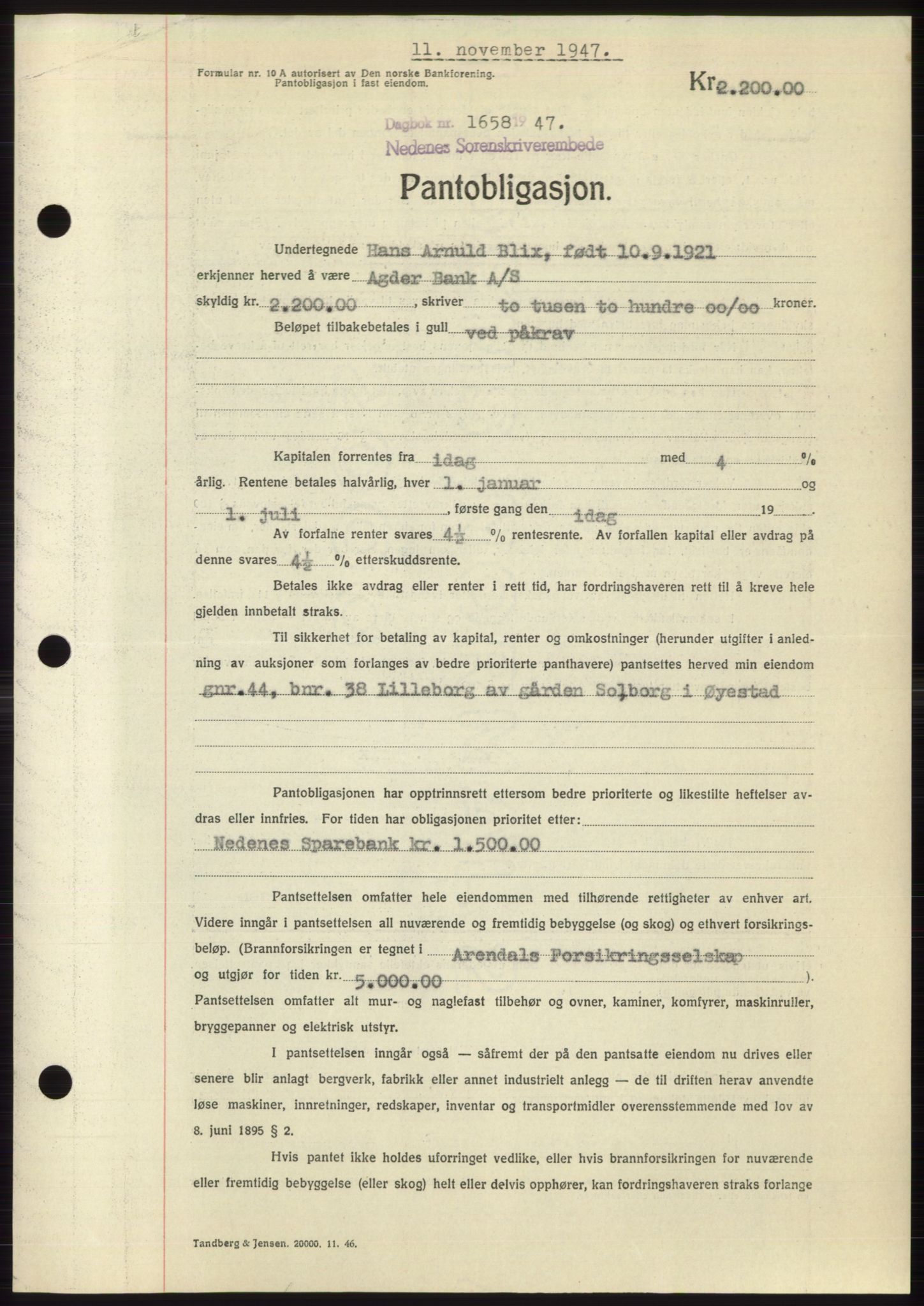 Nedenes sorenskriveri, AV/SAK-1221-0006/G/Gb/Gbb/L0004: Mortgage book no. B4, 1947-1947, Diary no: : 1658/1947