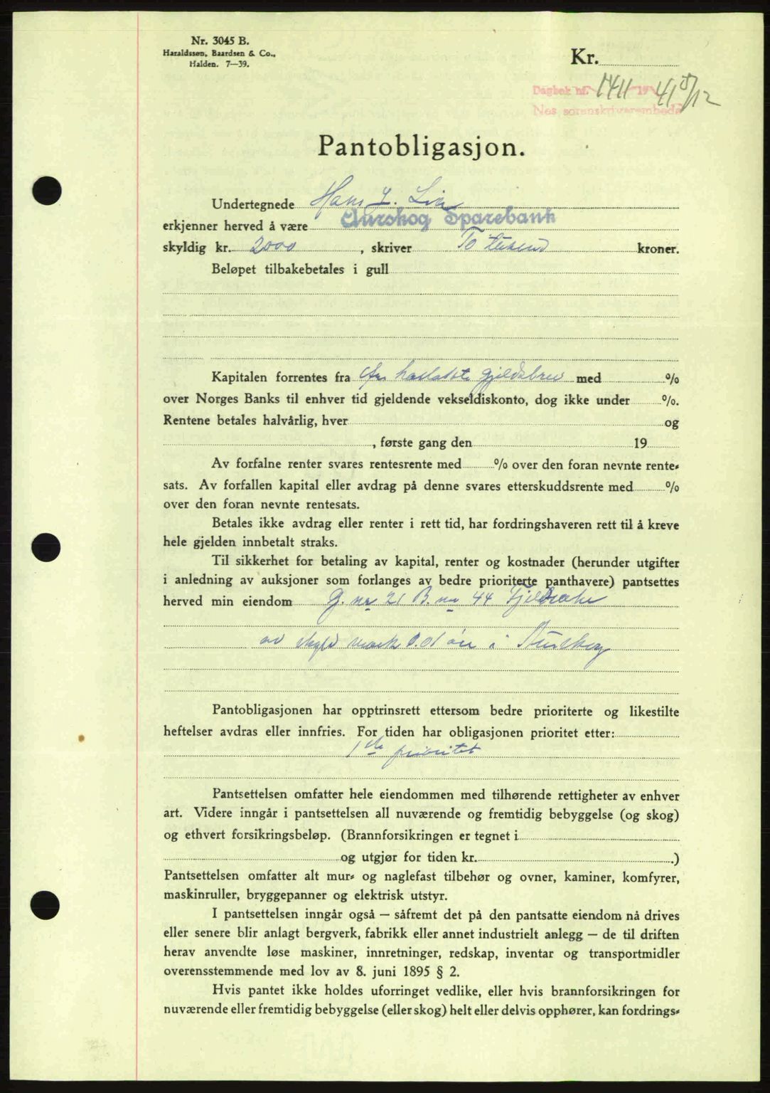 Nes tingrett, AV/SAO-A-10548/G/Gb/Gbb/L0012: Mortgage book no. 56, 1941-1942, Diary no: : 1411/1941