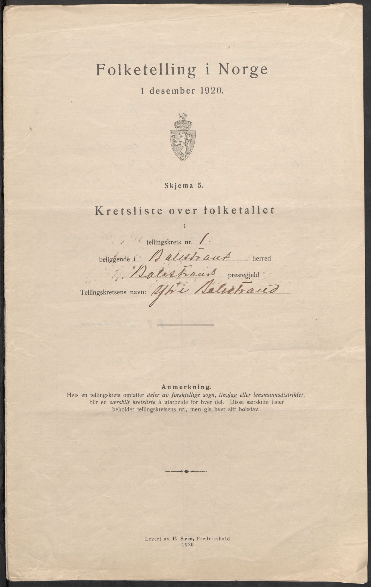 SAB, 1920 census for Balestrand, 1920, p. 5