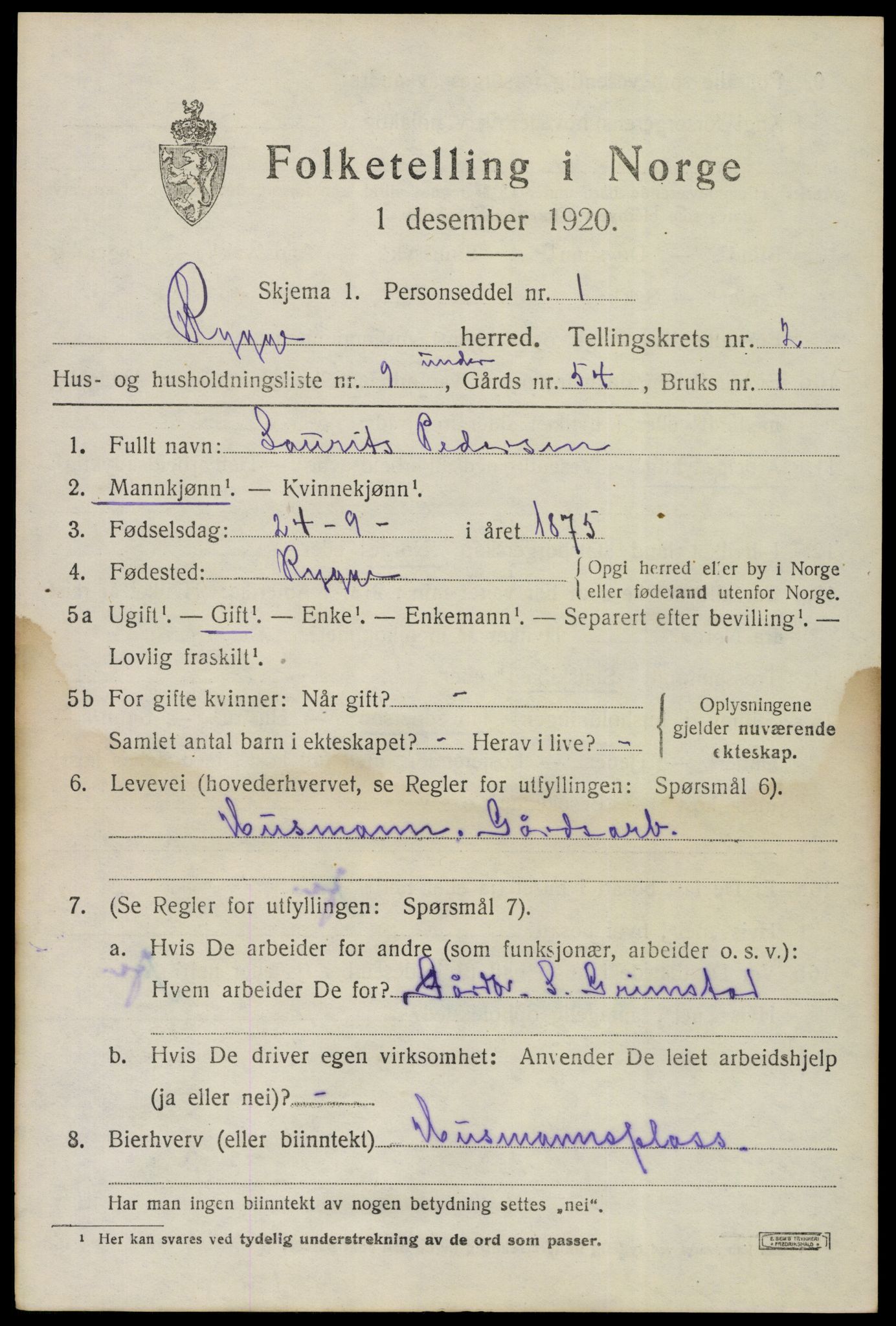 SAO, 1920 census for Rygge, 1920, p. 6209