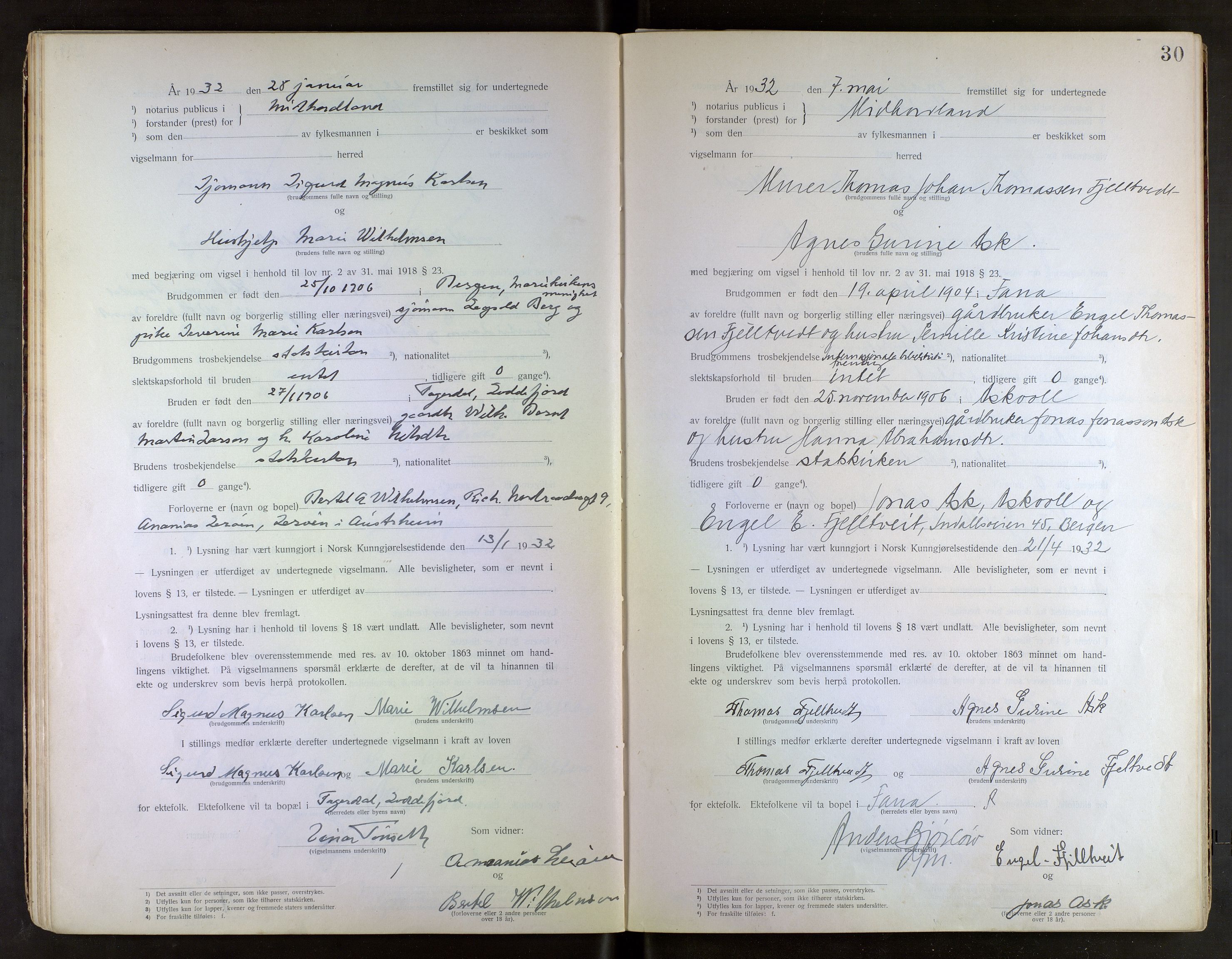 Midhordland sorenskriveri, SAB/A-3001/1/M/Mc/Mca/L0001: Notarialbilag. Vigselbøker, 1920-1939, p. 30