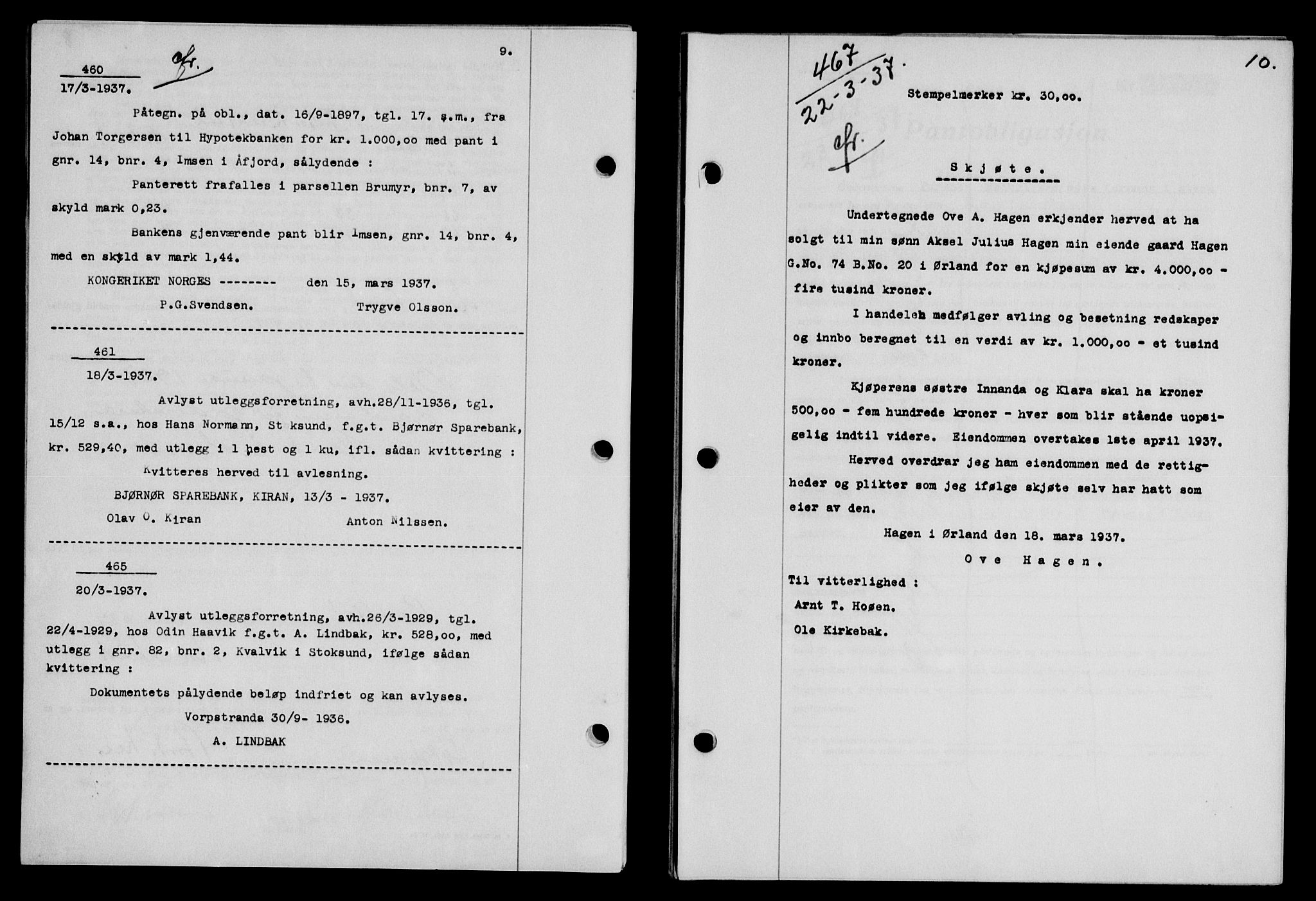 Fosen sorenskriveri, AV/SAT-A-1107/1/2/2C/L0085: Mortgage book no. 76, 1937-1937, p. 10