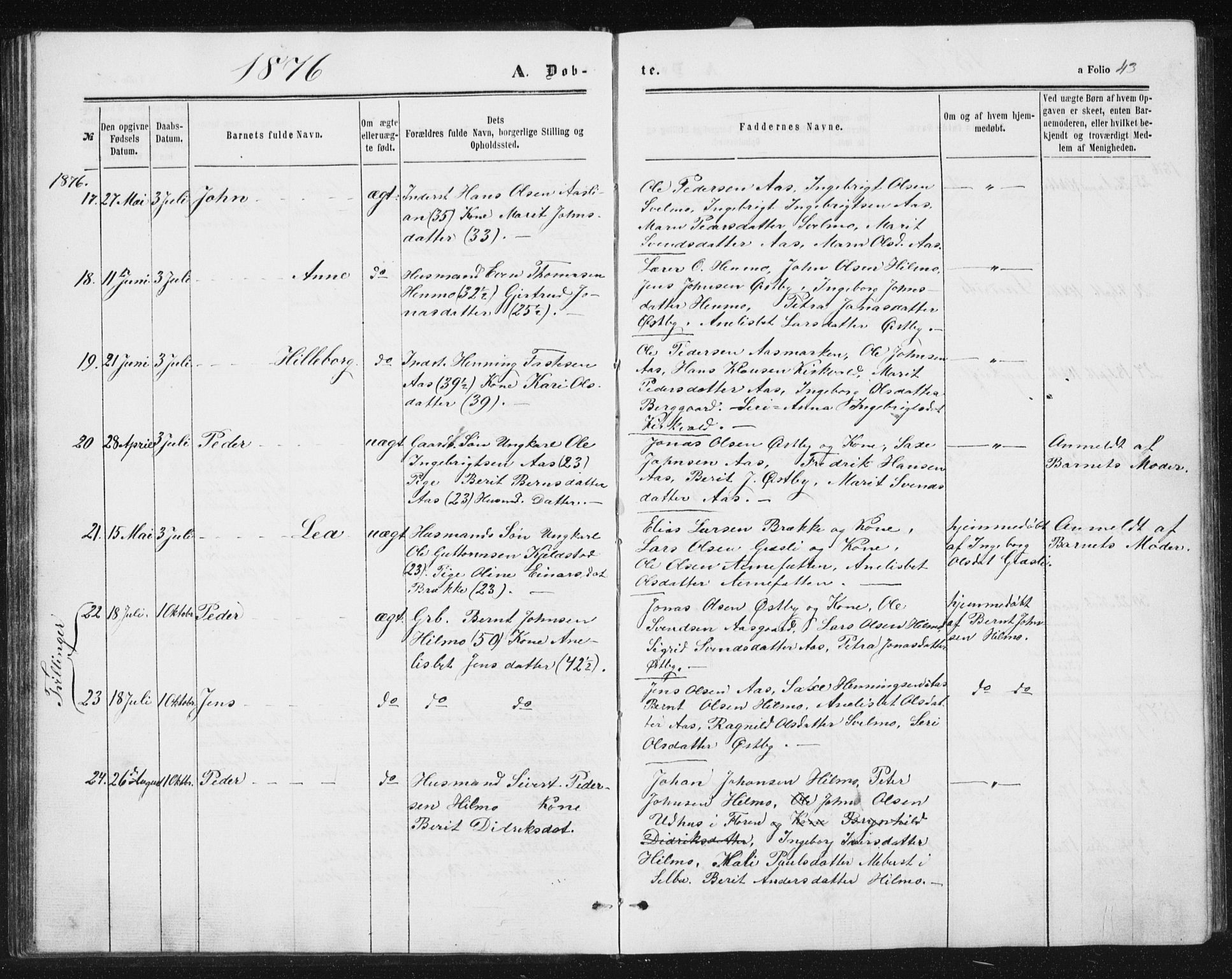 Ministerialprotokoller, klokkerbøker og fødselsregistre - Sør-Trøndelag, SAT/A-1456/698/L1166: Parish register (copy) no. 698C03, 1861-1887, p. 43