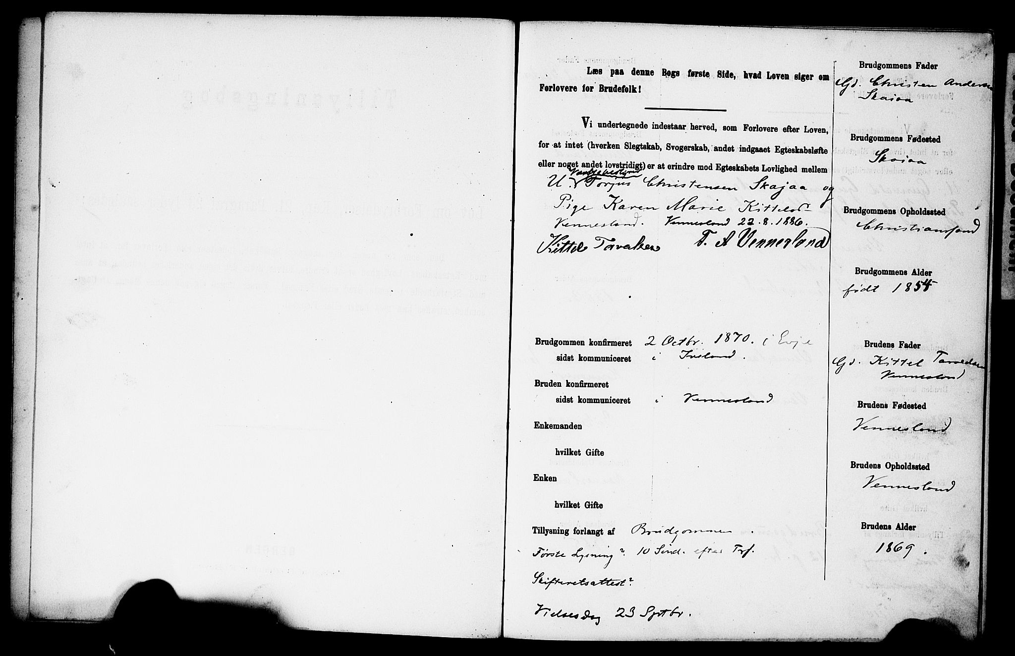 Vennesla sokneprestkontor, SAK/1111-0045/J/L0032/0003: Banns register no. II 5 1, 1886-1892, p. 1