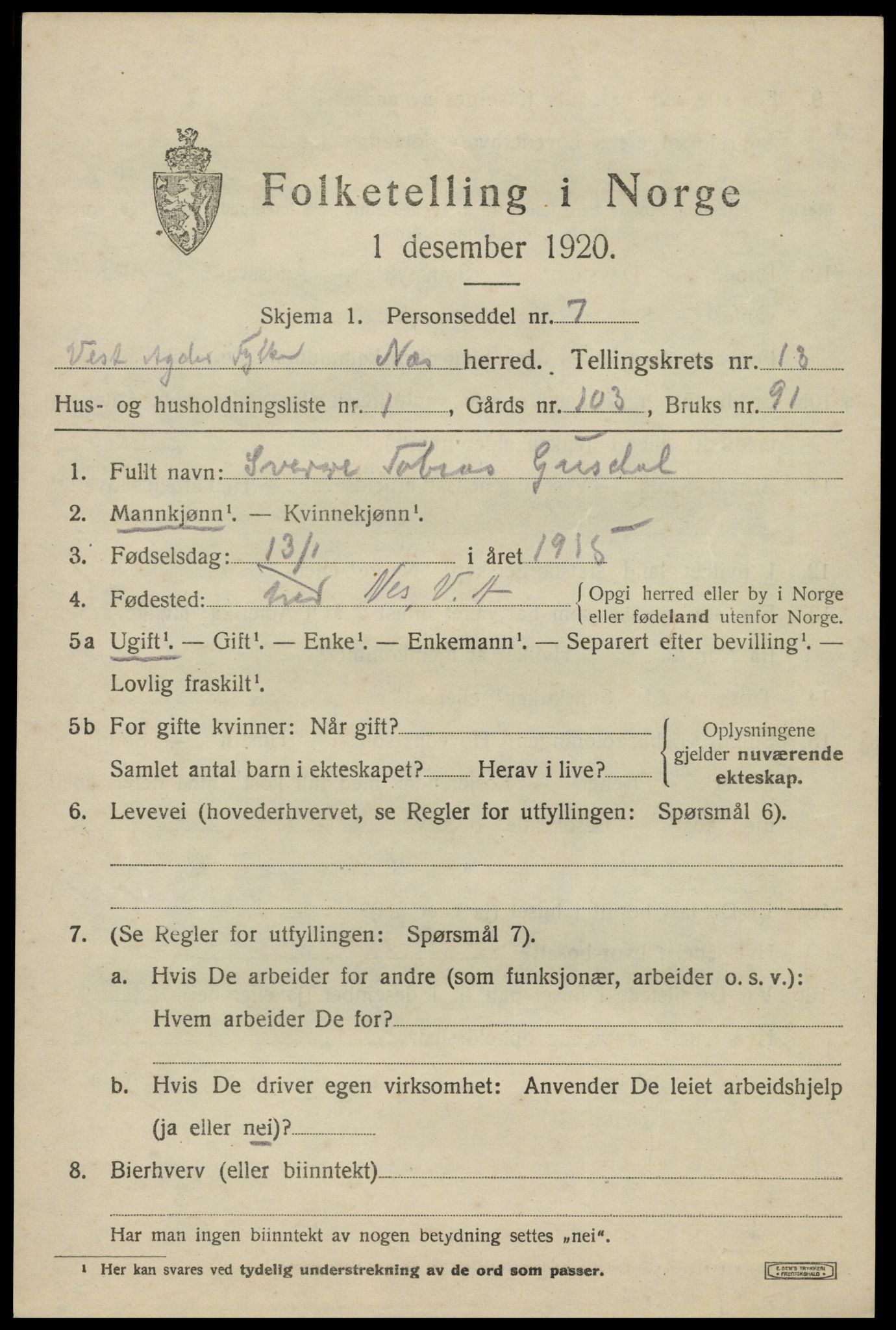 SAK, 1920 census for Nes (V-A), 1920, p. 4846