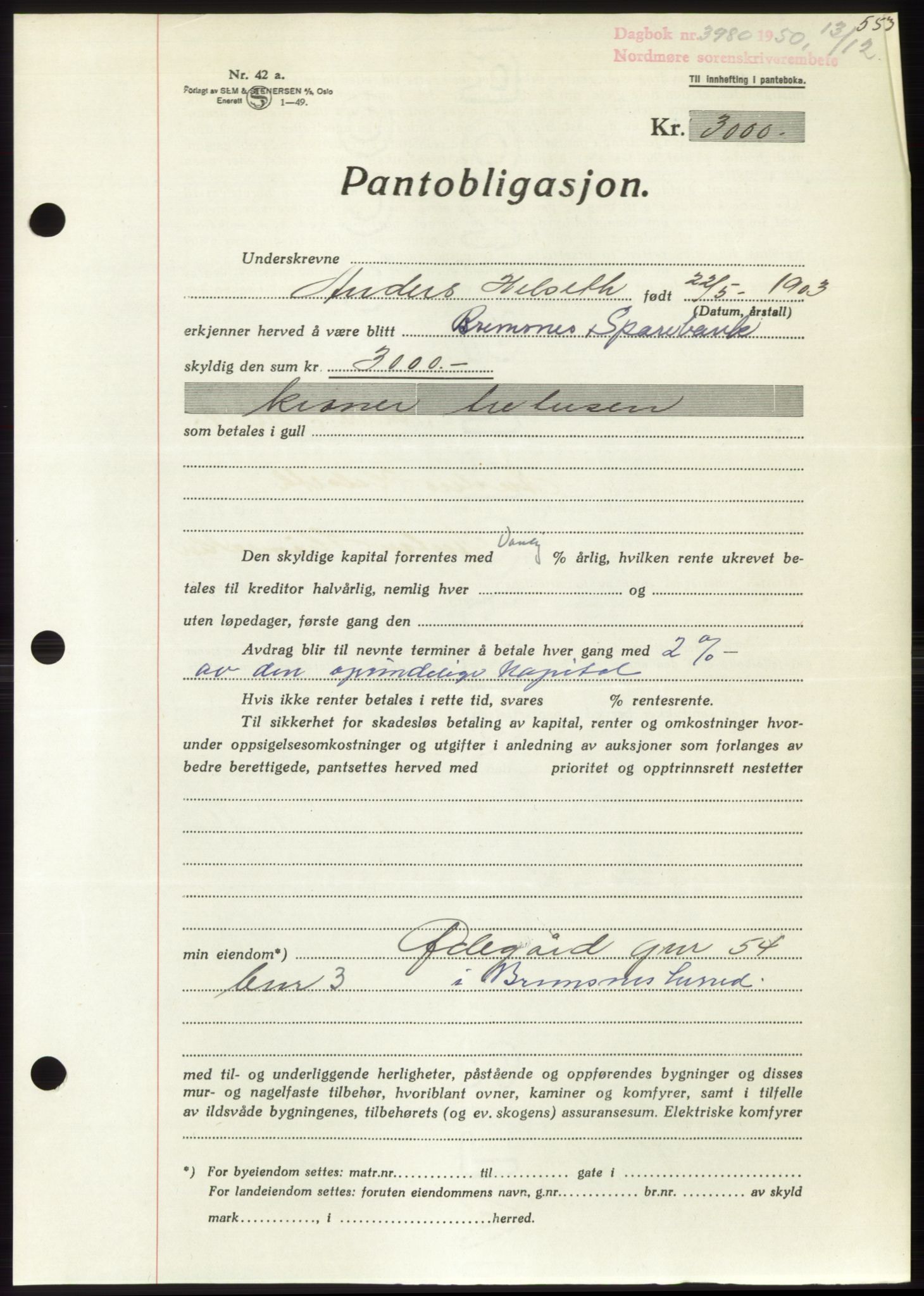 Nordmøre sorenskriveri, AV/SAT-A-4132/1/2/2Ca: Mortgage book no. B106, 1950-1950, Diary no: : 3980/1950