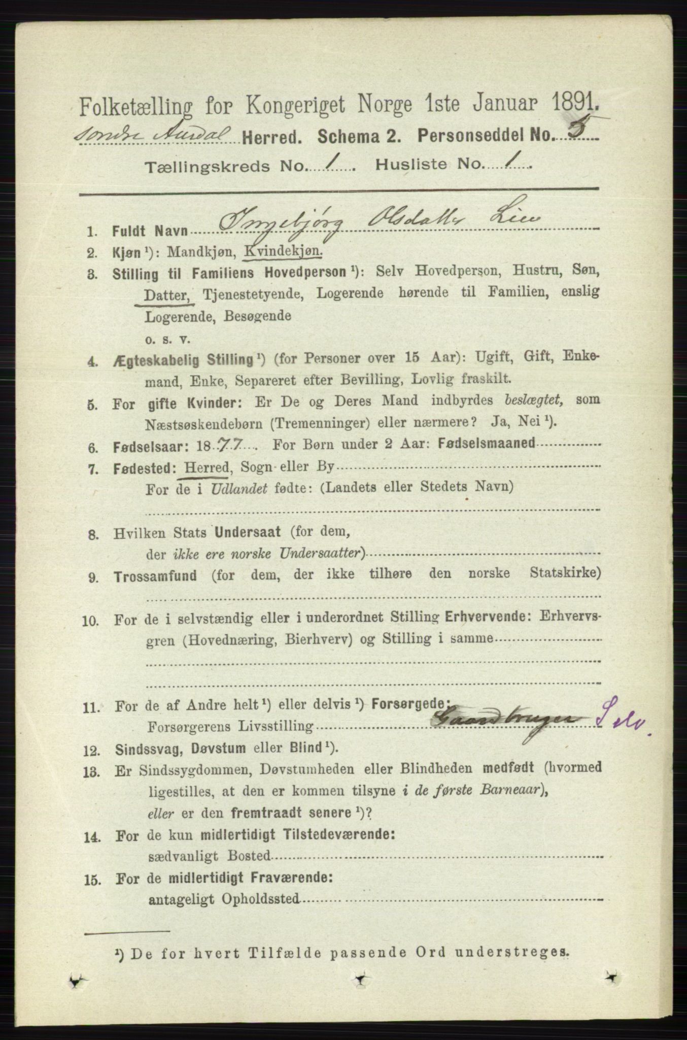 RA, 1891 census for 0540 Sør-Aurdal, 1891, p. 147