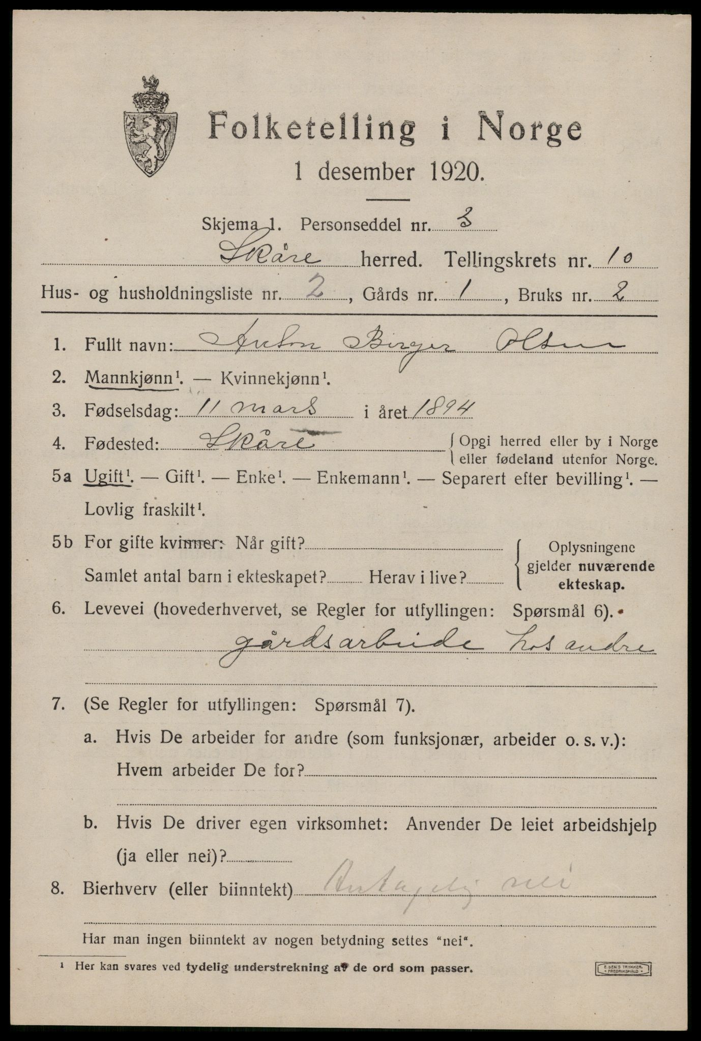 SAST, 1920 census for Skåre, 1920, p. 7874