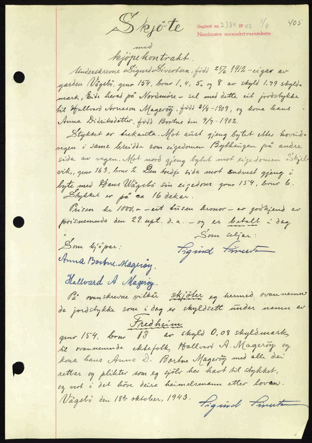 Nordmøre sorenskriveri, SAT/A-4132/1/2/2Ca: Mortgage book no. A96, 1943-1944, Diary no: : 2380/1943