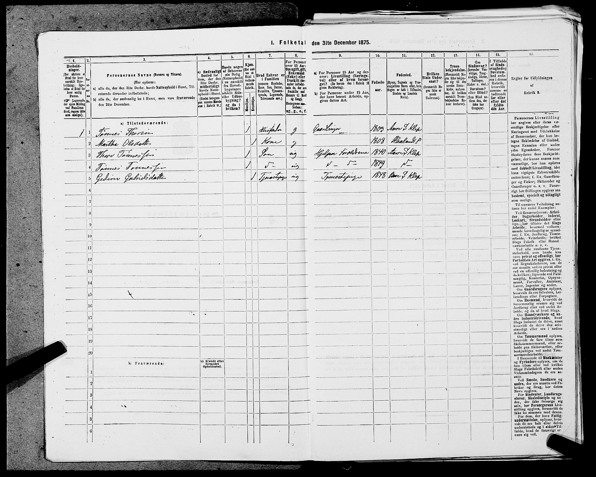 SAST, 1875 census for 1120P Klepp, 1875, p. 728