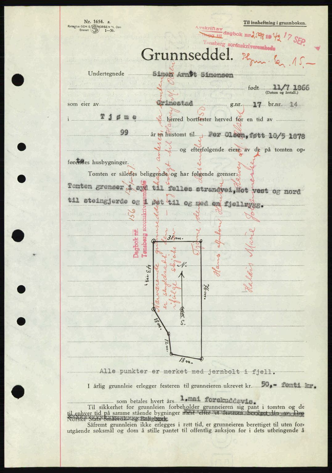 Tønsberg sorenskriveri, AV/SAKO-A-130/G/Ga/Gaa/L0012: Mortgage book no. A12, 1942-1943, Diary no: : 2598/1942