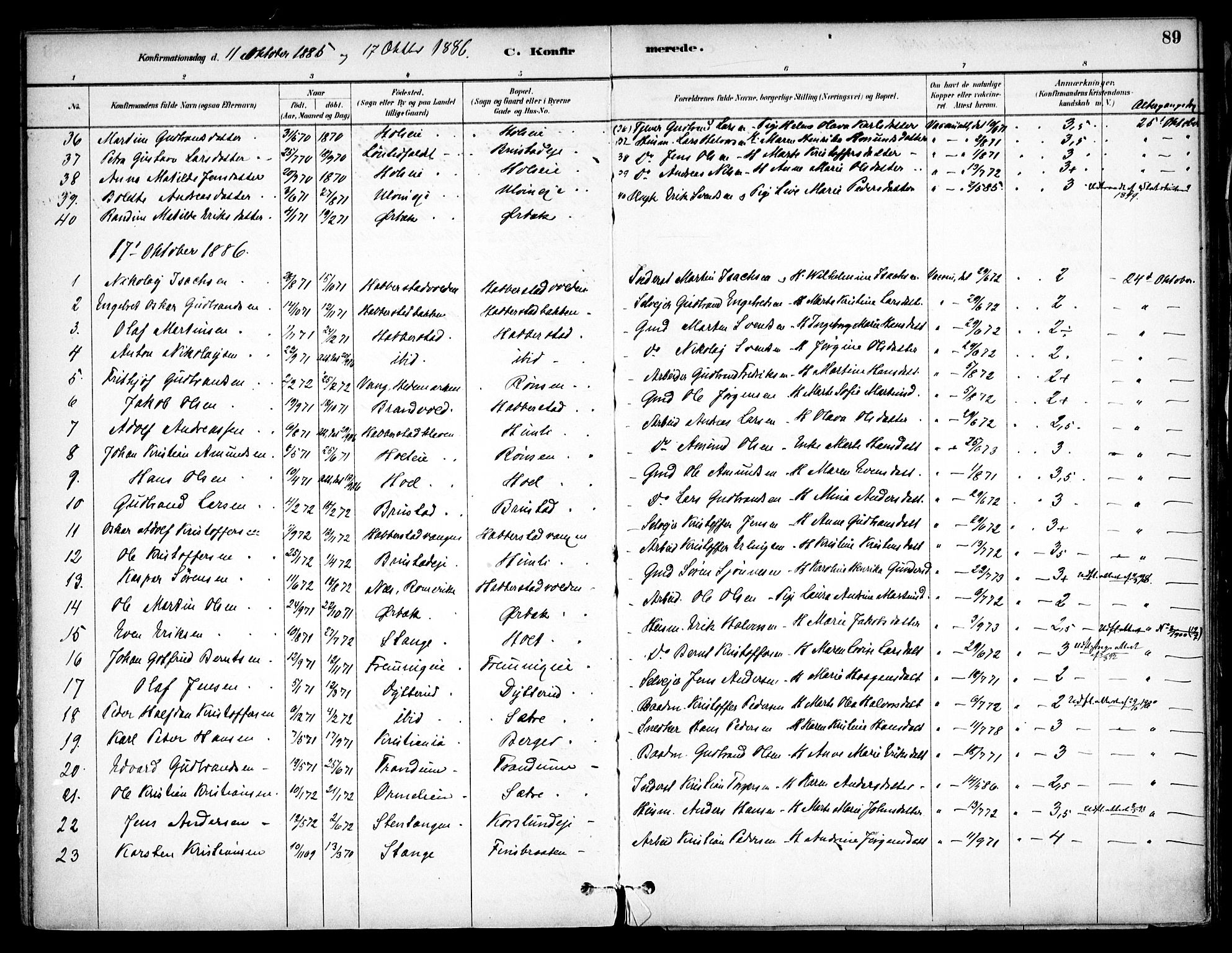 Eidsvoll prestekontor Kirkebøker, SAO/A-10888/F/Fb/L0001: Parish register (official) no. II 1, 1882-1897, p. 89