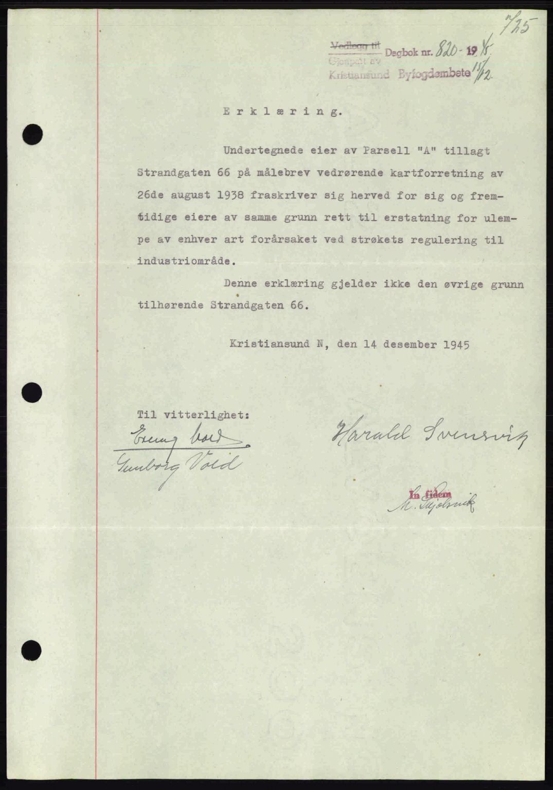 Kristiansund byfogd, AV/SAT-A-4587/A/27: Mortgage book no. 37-38, 1943-1945, Diary no: : 820/1945