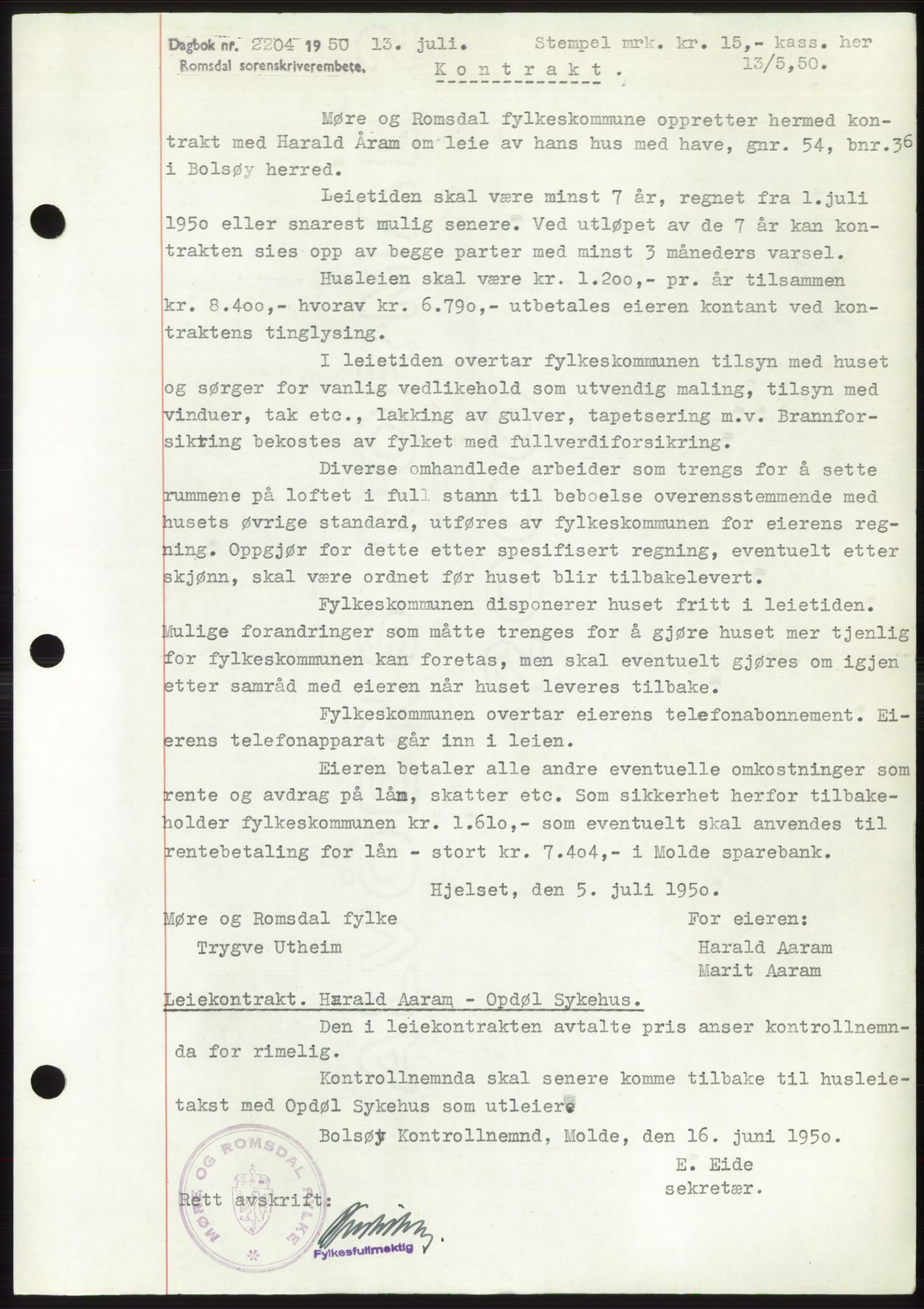 Romsdal sorenskriveri, AV/SAT-A-4149/1/2/2C: Mortgage book no. B5, 1949-1950, Diary no: : 2204/1950