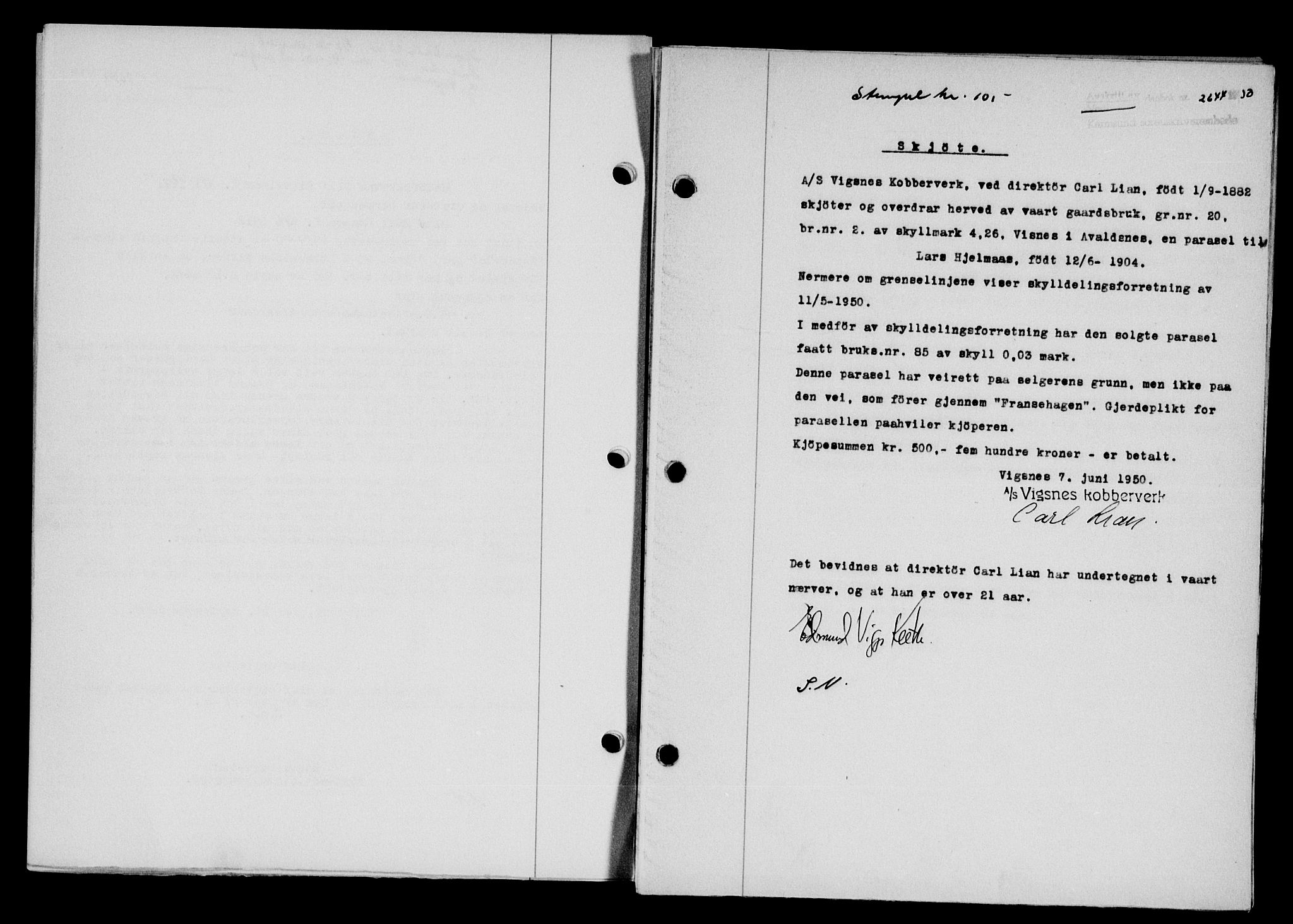 Karmsund sorenskriveri, SAST/A-100311/01/II/IIB/L0101: Mortgage book no. 81A, 1950-1951, Diary no: : 2644/1950