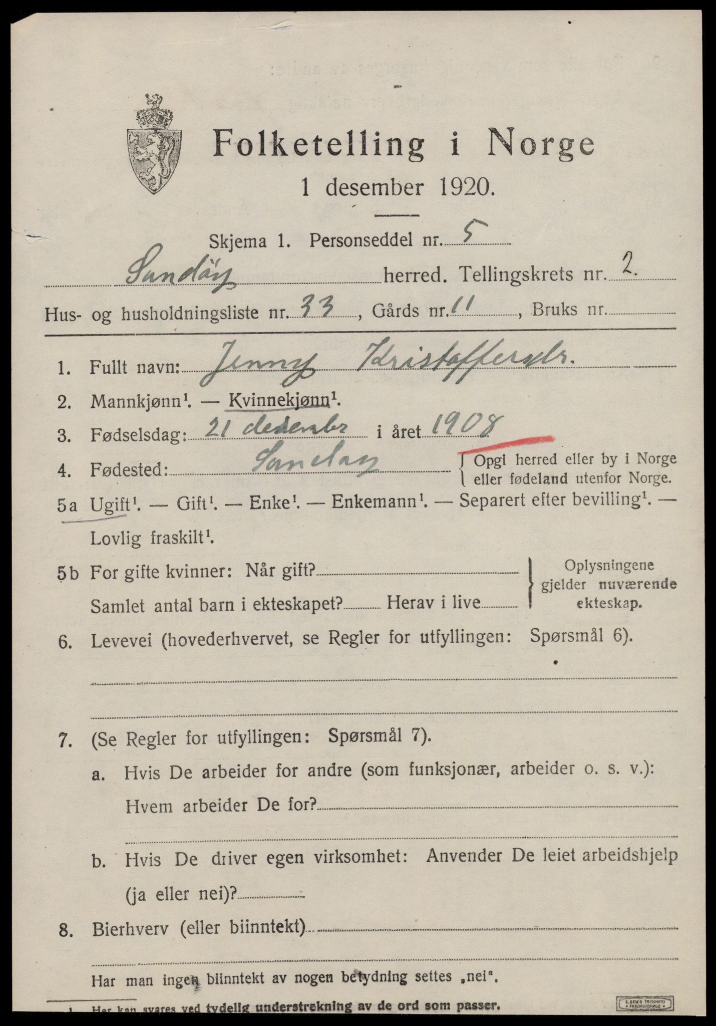 SAT, 1920 census for Sandøy, 1920, p. 1060