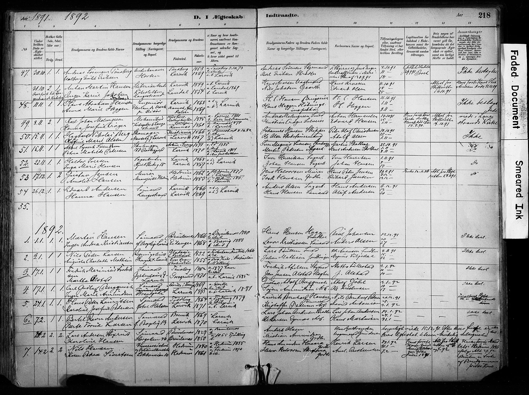 Larvik kirkebøker, SAKO/A-352/F/Fa/L0008: Parish register (official) no. I 8, 1884-1902, p. 218
