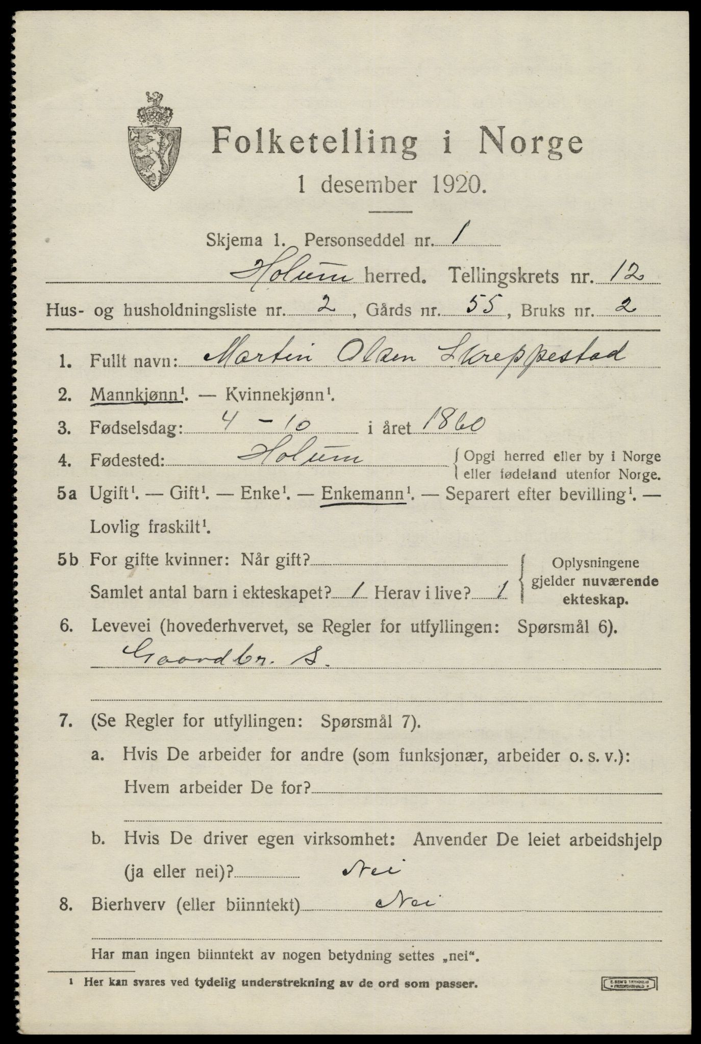 SAK, 1920 census for Holum, 1920, p. 3105