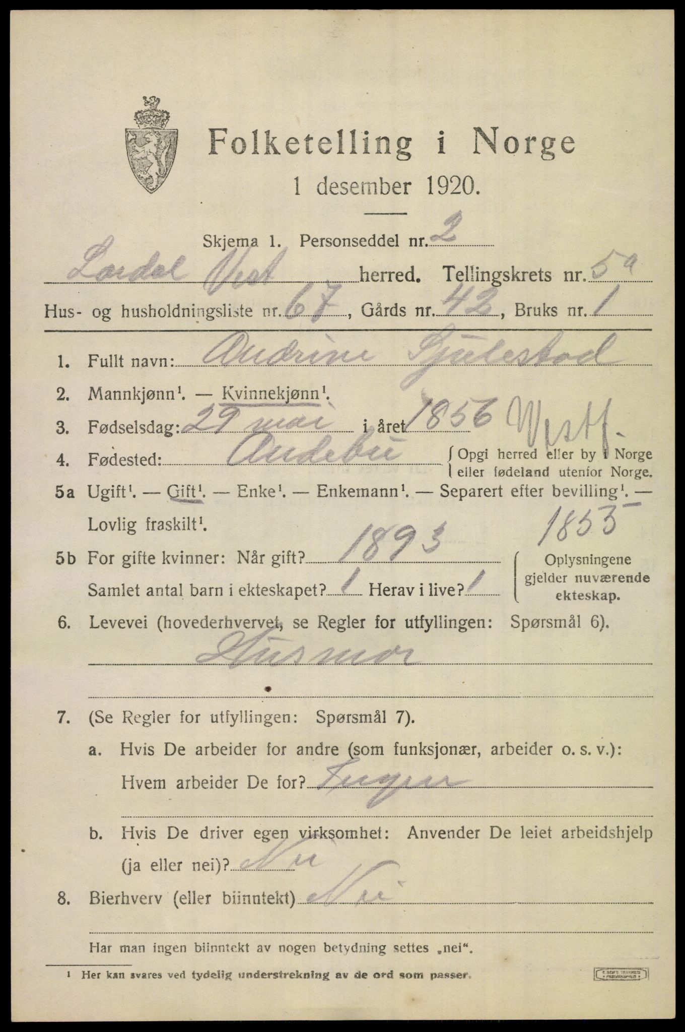 SAKO, 1920 census for Lardal, 1920, p. 5213