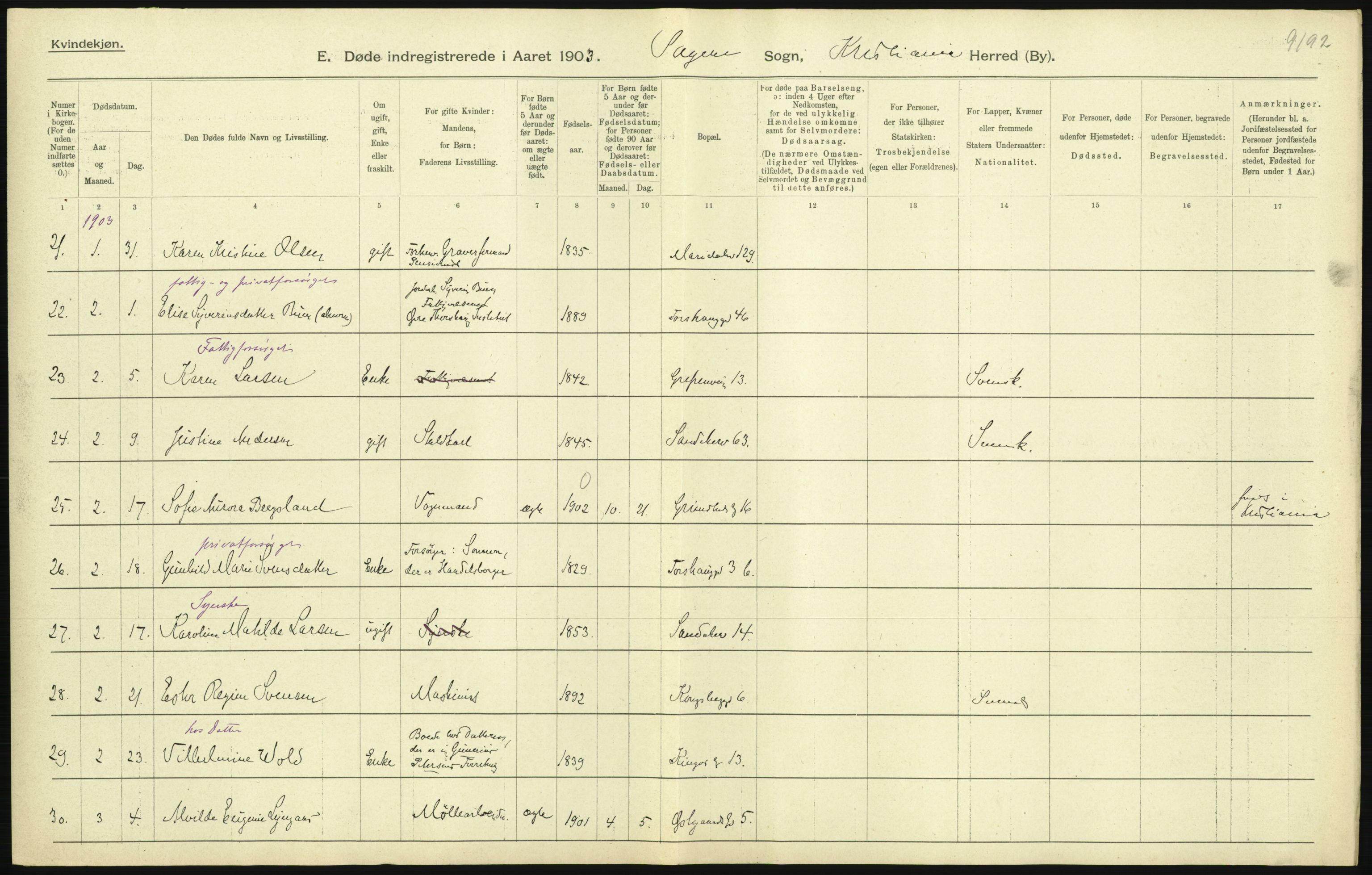 Statistisk sentralbyrå, Sosiodemografiske emner, Befolkning, AV/RA-S-2228/D/Df/Dfa/Dfaa/L0004: Kristiania: Gifte, døde, 1903, p. 93