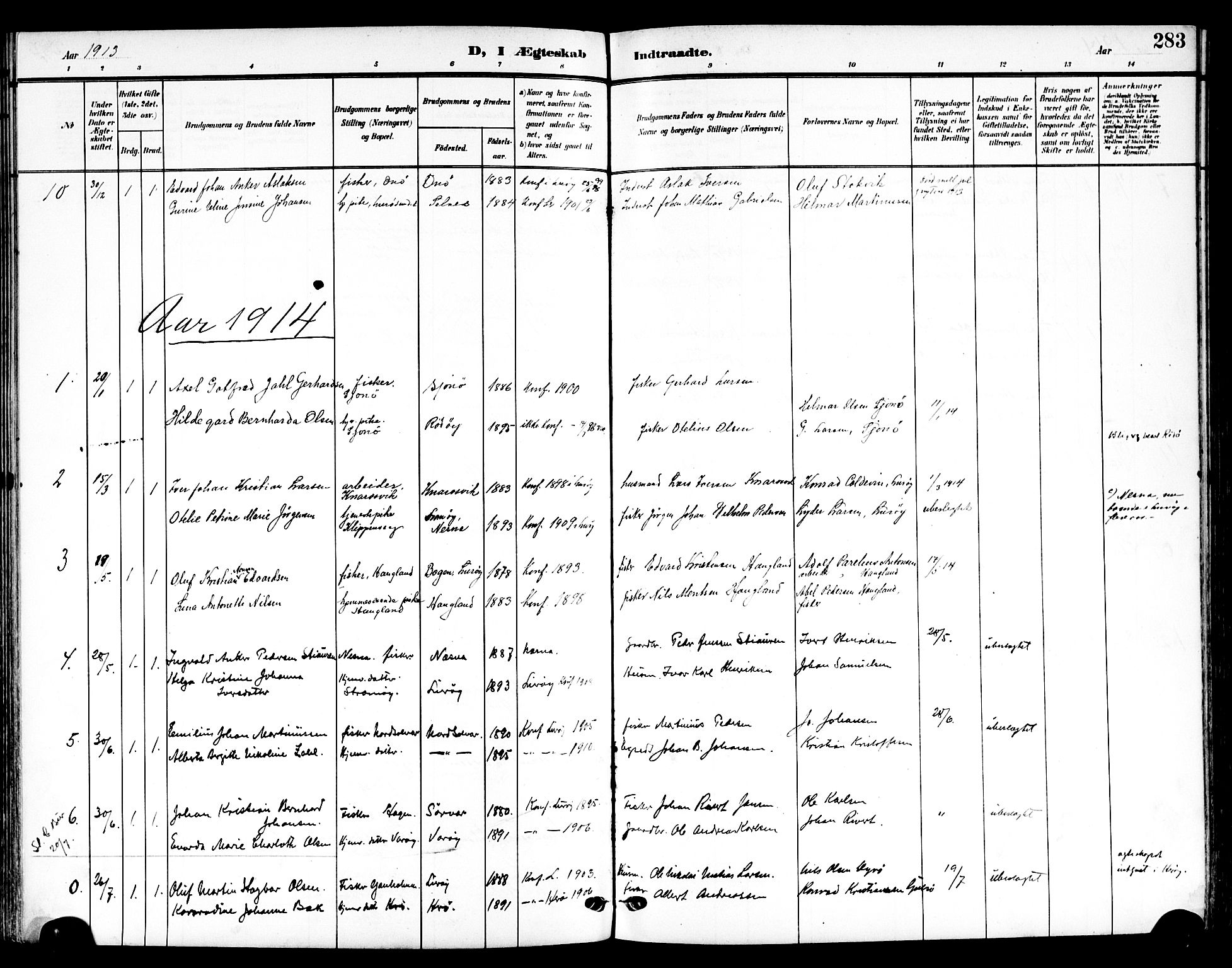 Ministerialprotokoller, klokkerbøker og fødselsregistre - Nordland, SAT/A-1459/839/L0569: Parish register (official) no. 839A06, 1903-1922, p. 283