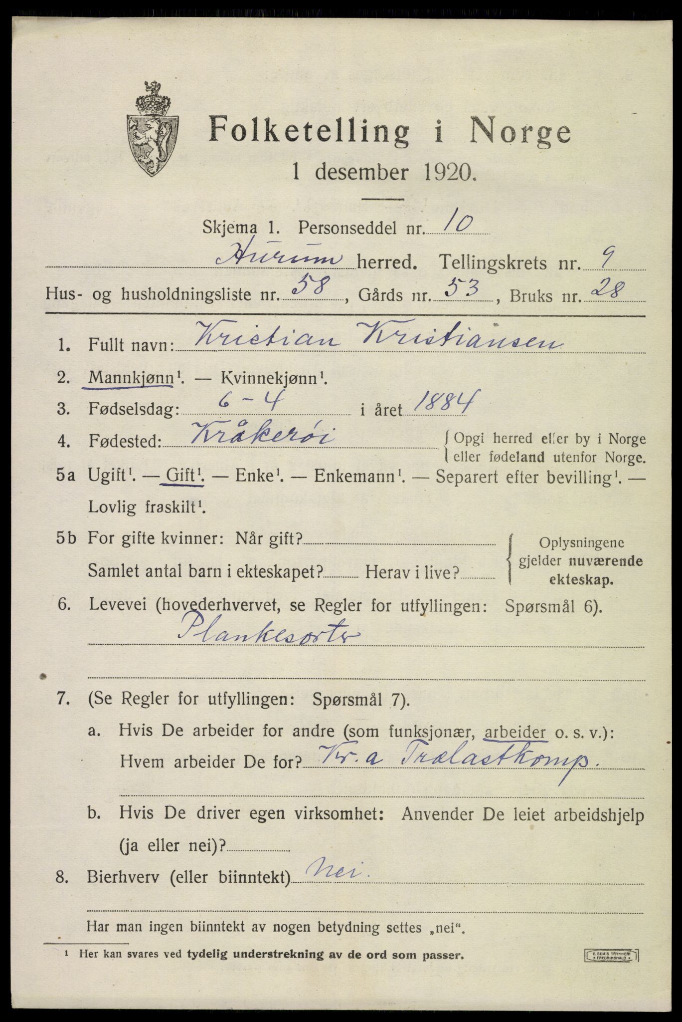SAKO, 1920 census for Hurum, 1920, p. 12654