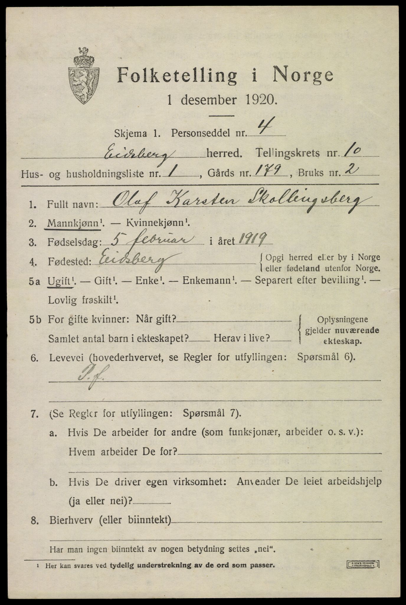 SAO, 1920 census for Eidsberg, 1920, p. 11943