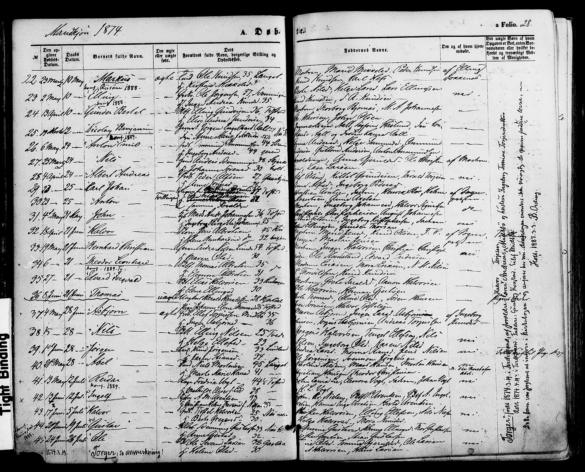 Holt sokneprestkontor, AV/SAK-1111-0021/F/Fa/L0010: Parish register (official) no. A 10, 1872-1885, p. 28