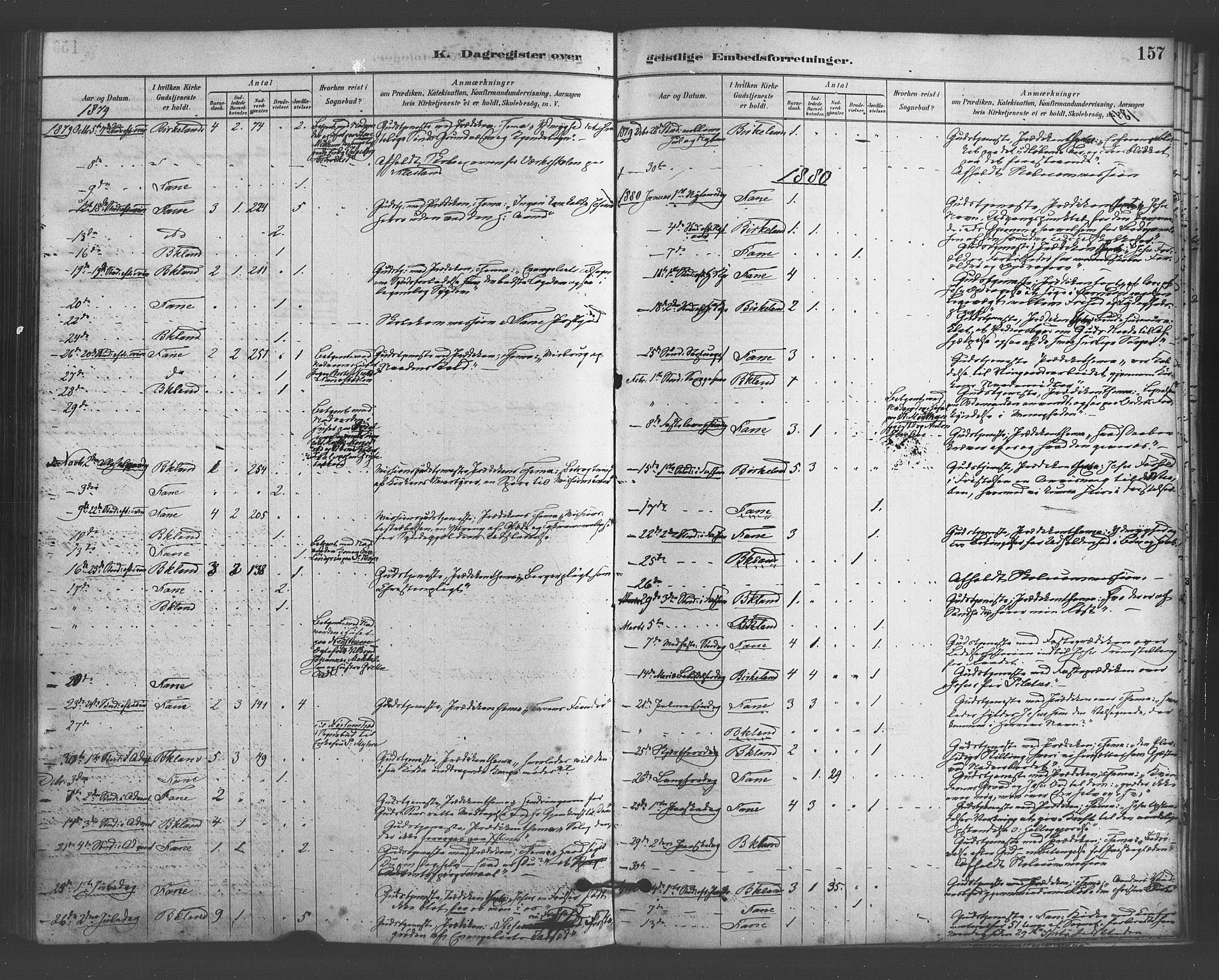Fana Sokneprestembete, SAB/A-75101/H/Haa/Haab/L0001: Parish register (official) no. B 1, 1878-1889, p. 157