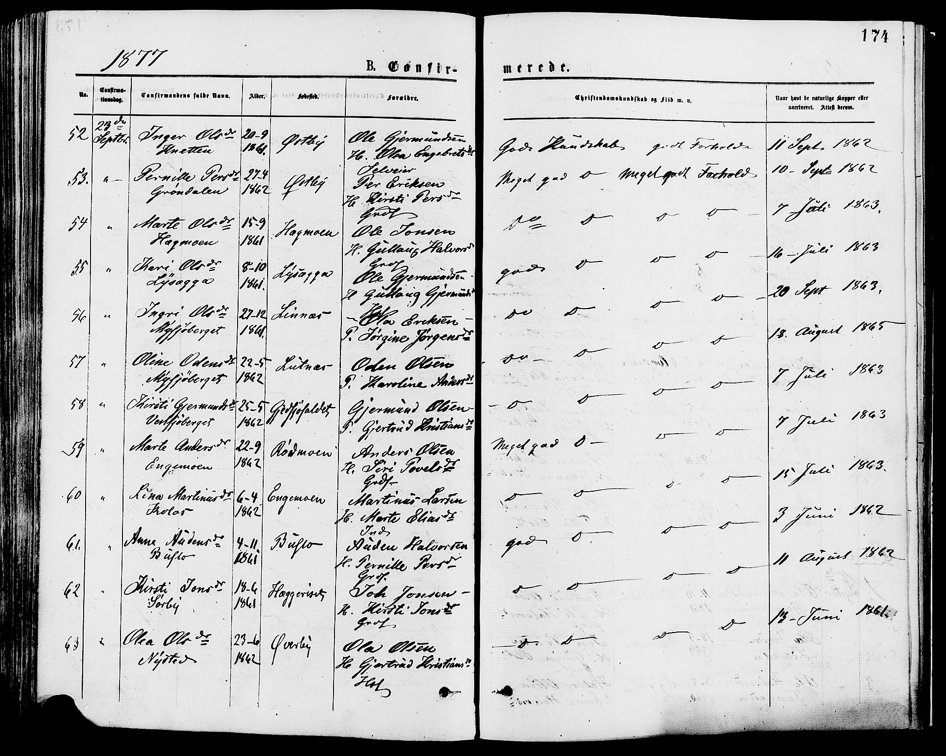 Trysil prestekontor, AV/SAH-PREST-046/H/Ha/Haa/L0007: Parish register (official) no. 7, 1874-1880, p. 174