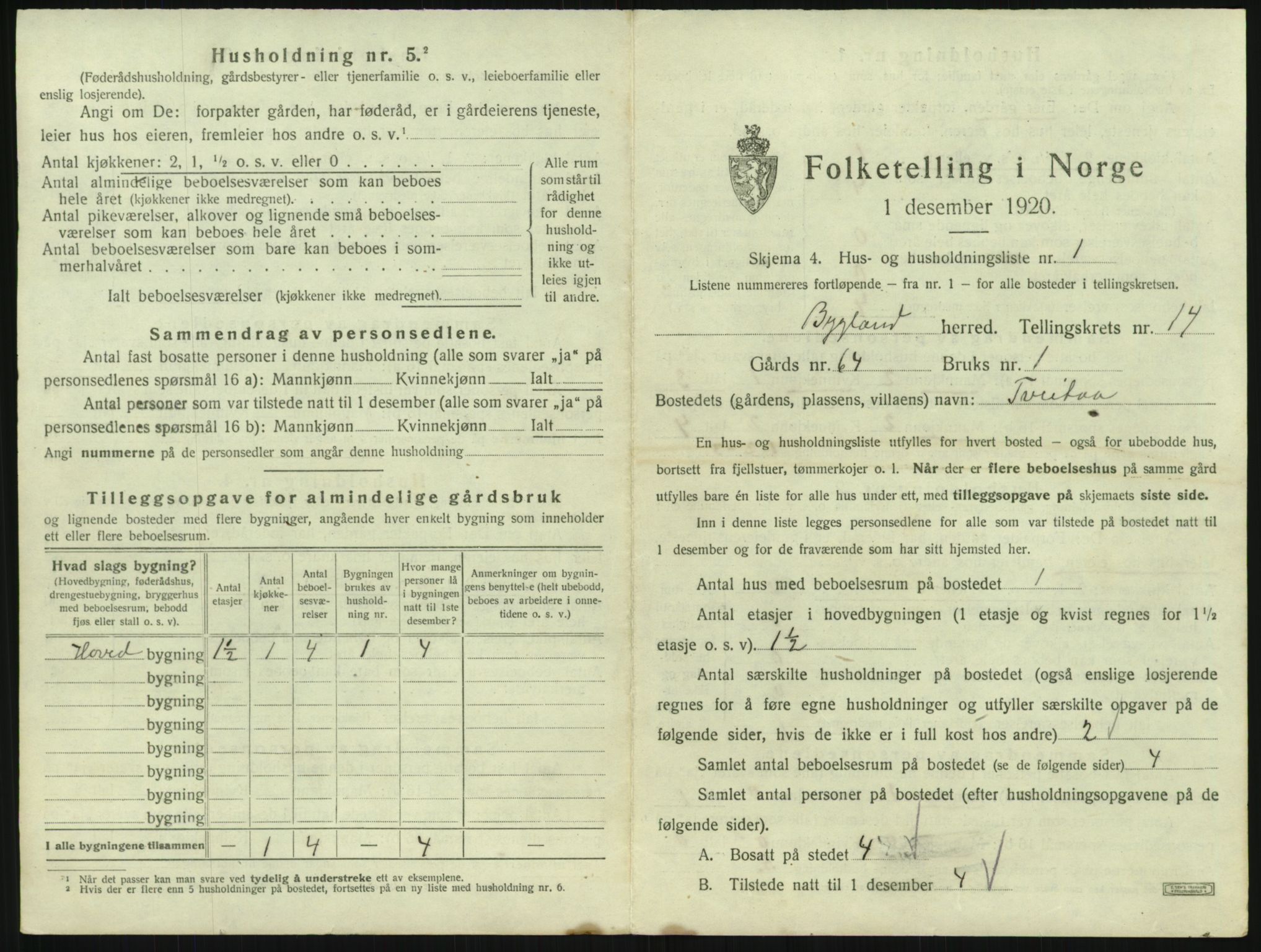 SAK, 1920 census for Bygland, 1920, p. 875