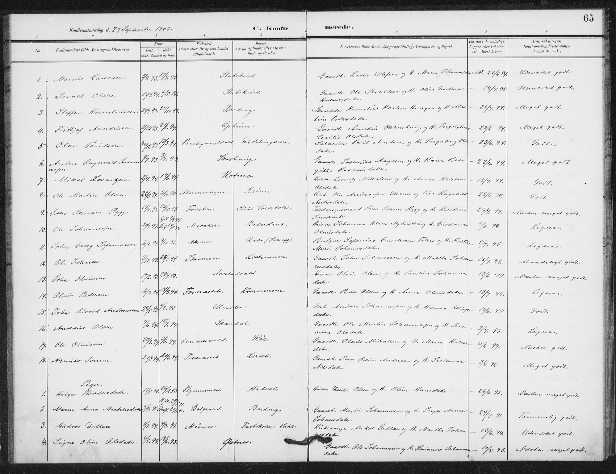 Ministerialprotokoller, klokkerbøker og fødselsregistre - Nord-Trøndelag, SAT/A-1458/724/L0264: Parish register (official) no. 724A02, 1908-1915, p. 65