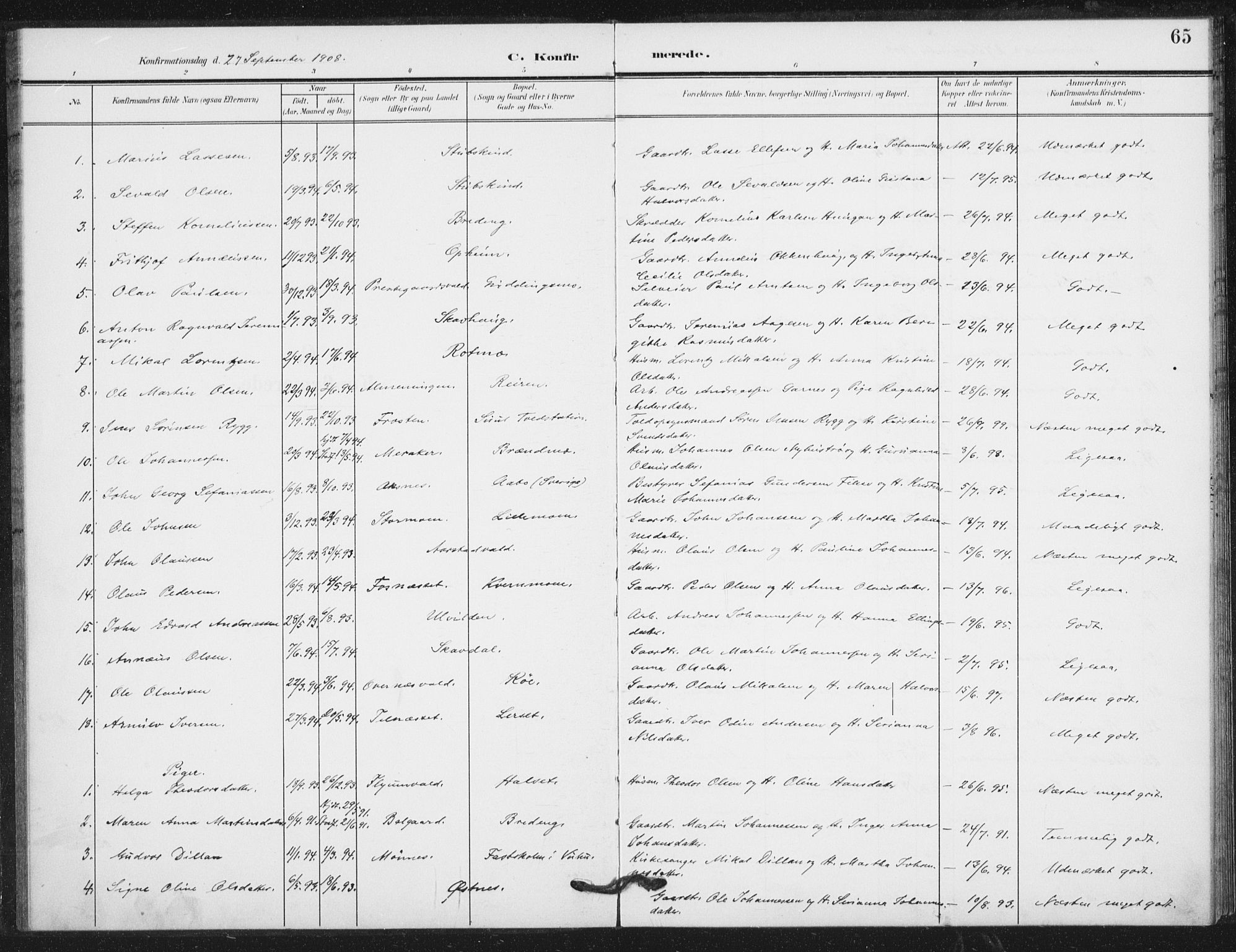 Ministerialprotokoller, klokkerbøker og fødselsregistre - Nord-Trøndelag, AV/SAT-A-1458/724/L0264: Parish register (official) no. 724A02, 1908-1915, p. 65